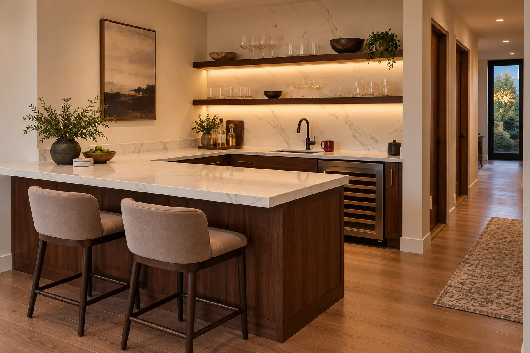 Quartz bar top and backsplash in a Tustin, CA home bar with walnut cabinets, floating shelves and two bar stools