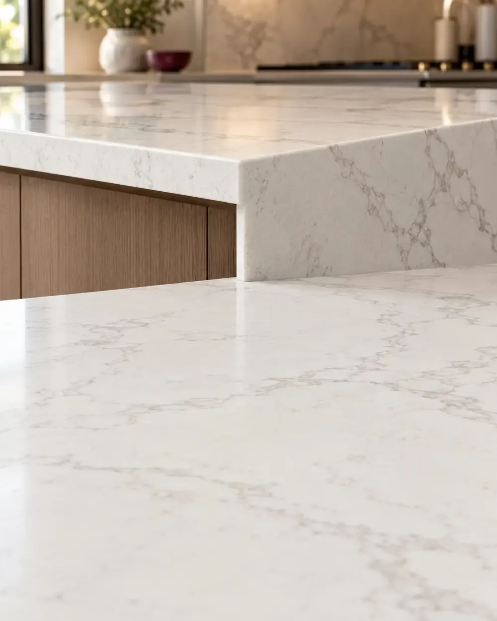 Quartz countertop thickness and edges in Los Angeles, CA: mitered waterfall corner with matching veining