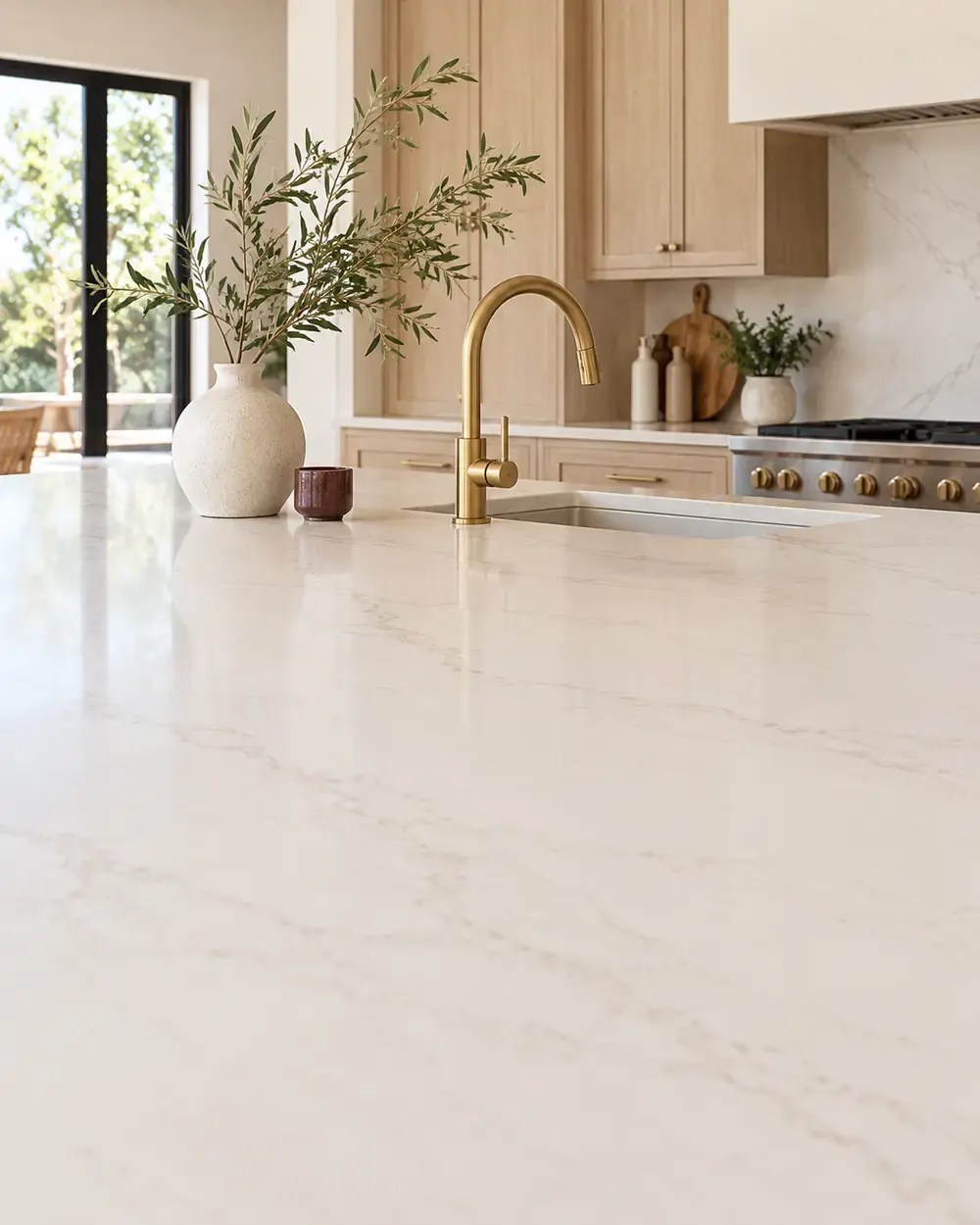 Quartz countertops in Los Angeles, CA: cream quartz kitchen island with soft veining, brass faucet and oak cabinets
