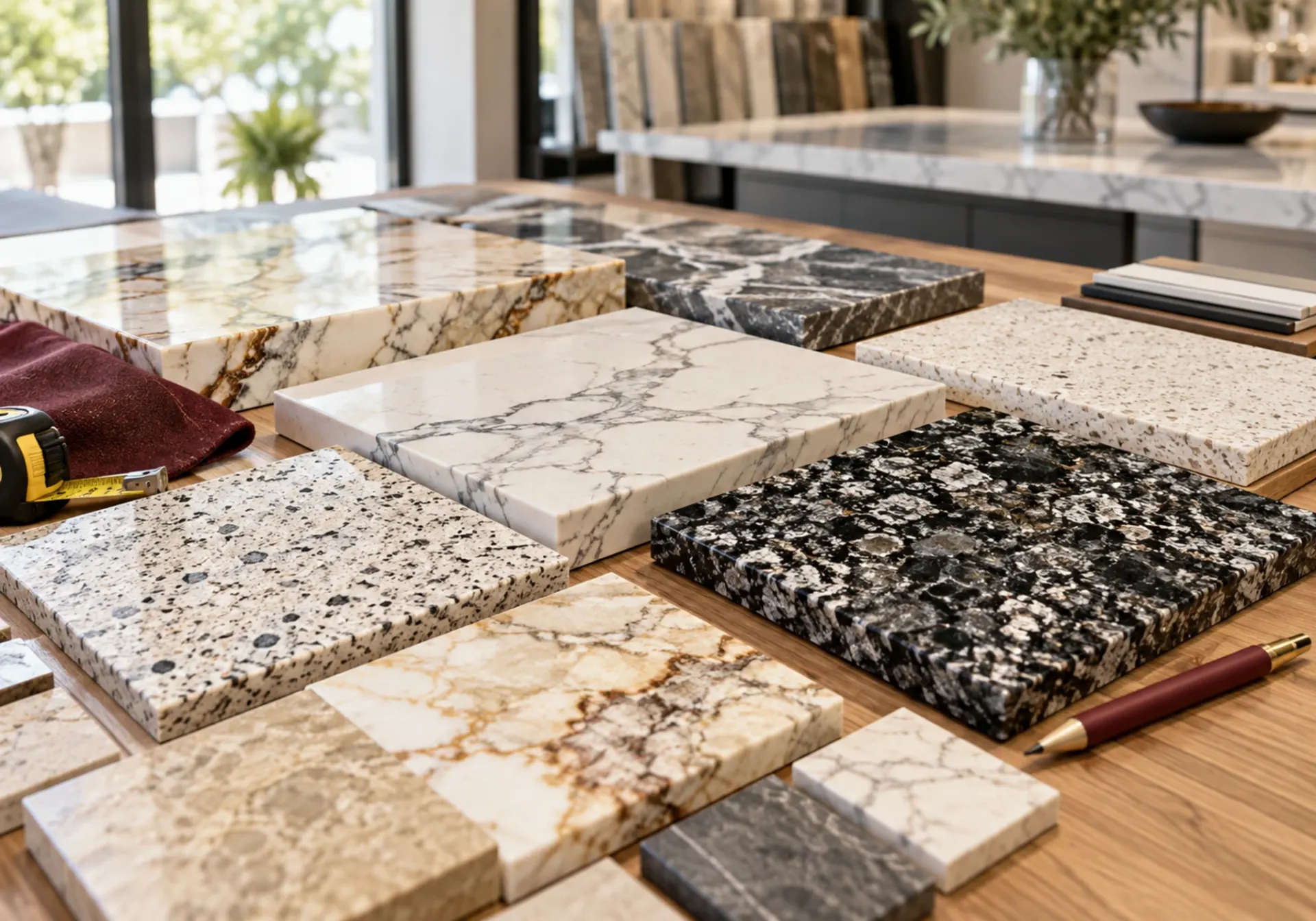 Quartz countertops in Los Angeles, CA: marble-look, speckled and dark quartz and stone countertop samples laid out for color selection