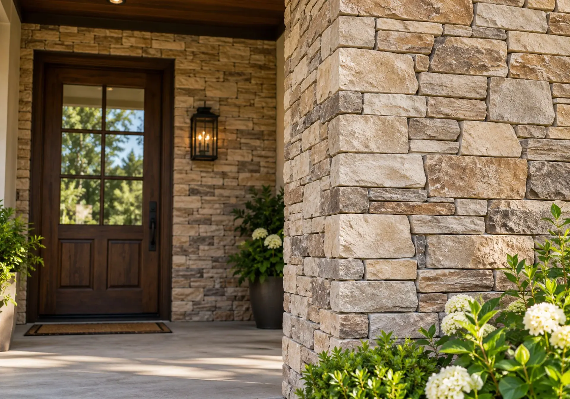 Stone look in Los Angeles, CA: stacked natural stone veneer wall around a wood-and-glass entry door with a lantern and hydrangeas