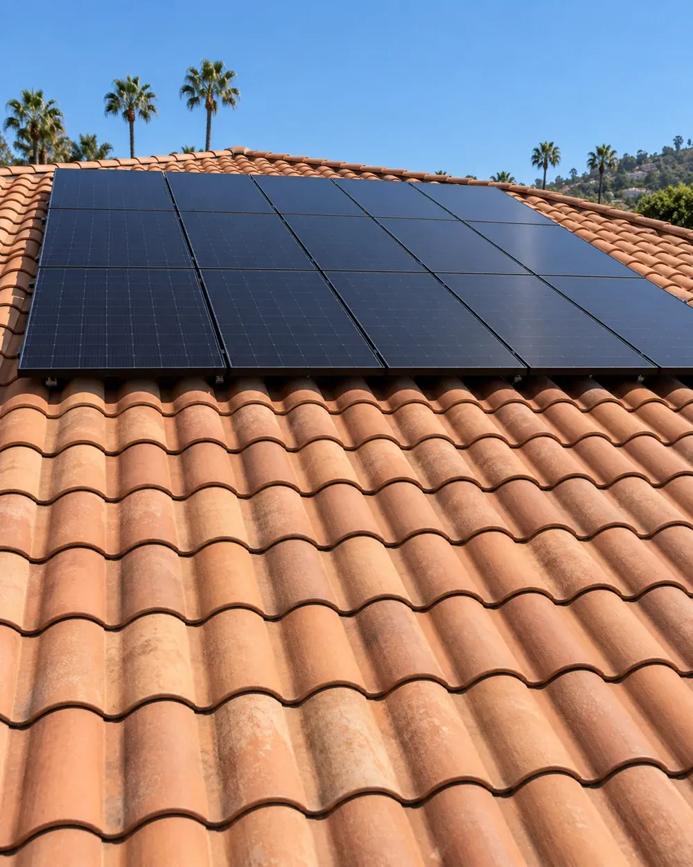 Rooftop solar panel installation in Los Angeles, CA: solar array on a tile roof under a blue sky
