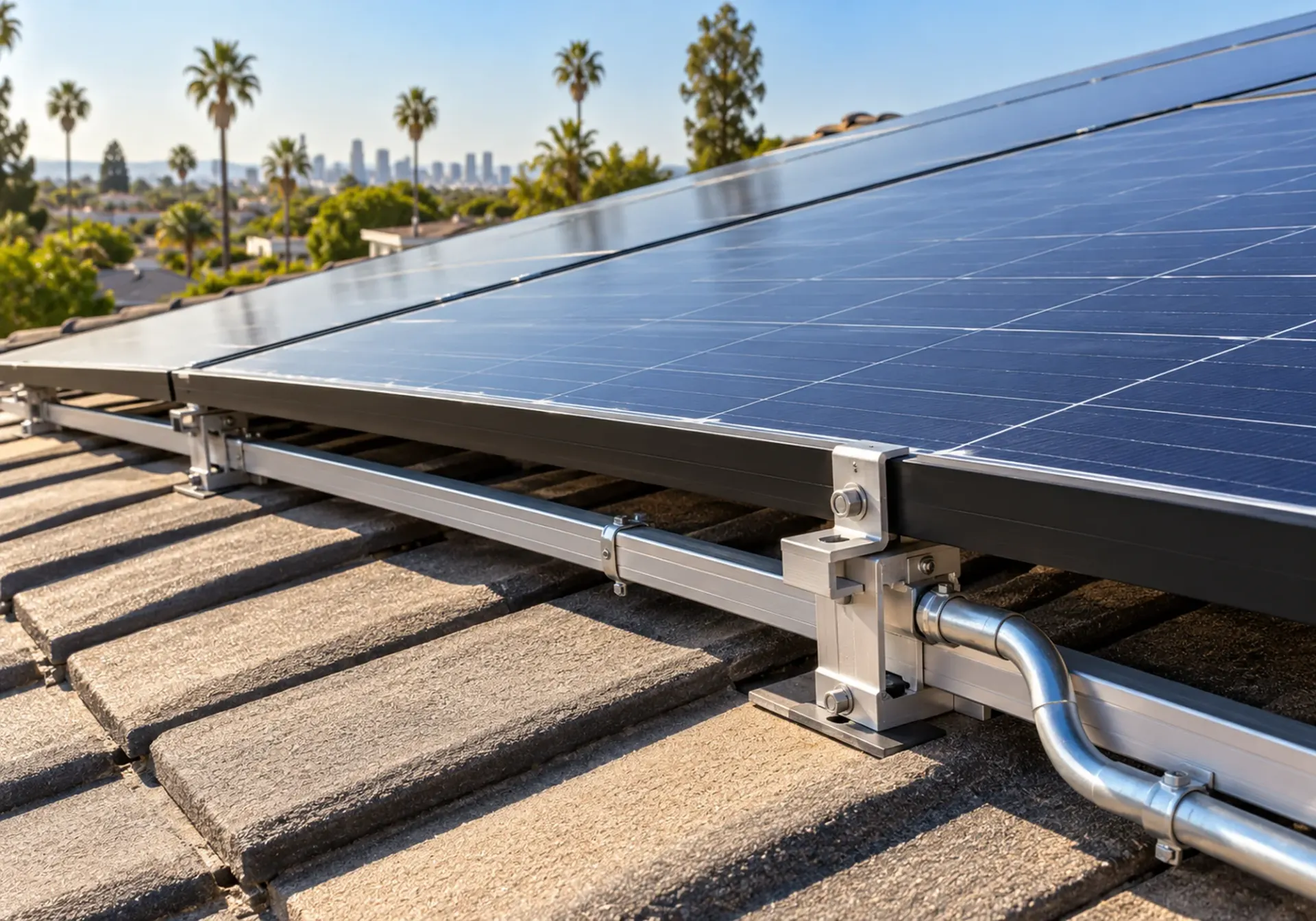 Rooftop solar panel attachments and neat conduit routing on a Los Angeles home