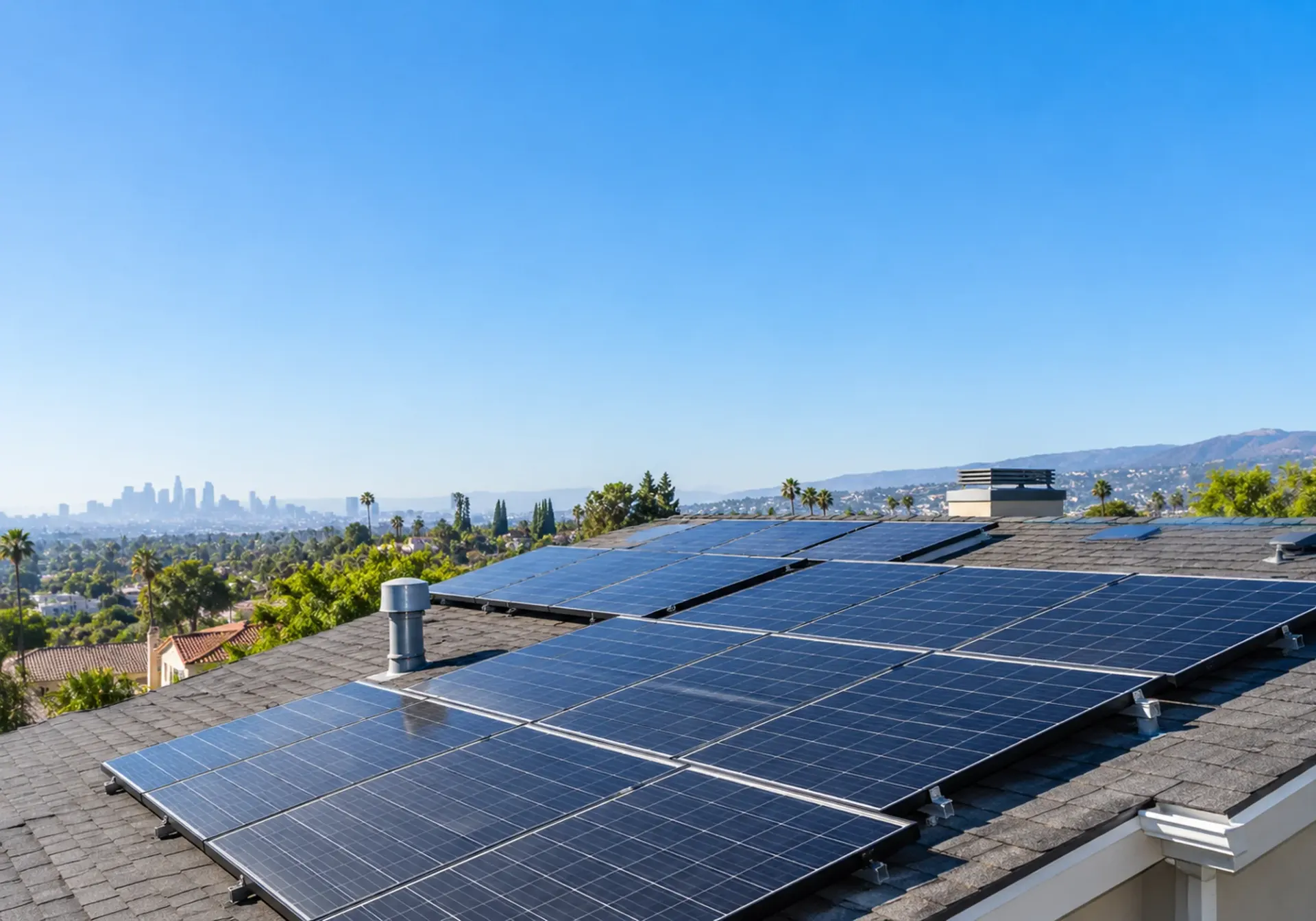 Rooftop solar layout in Los Angeles, CA: solar panels arranged in tidy rows around roof vents