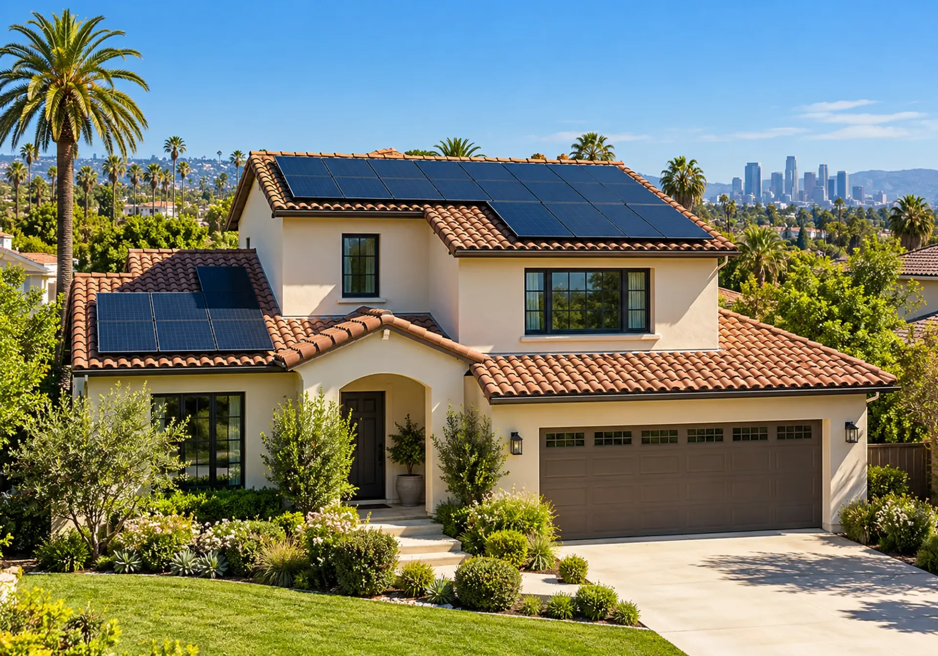 Rooftop solar system in Los Angeles, CA: neat array of dark solar panels on a cream stucco home with a palm tree and blue sky