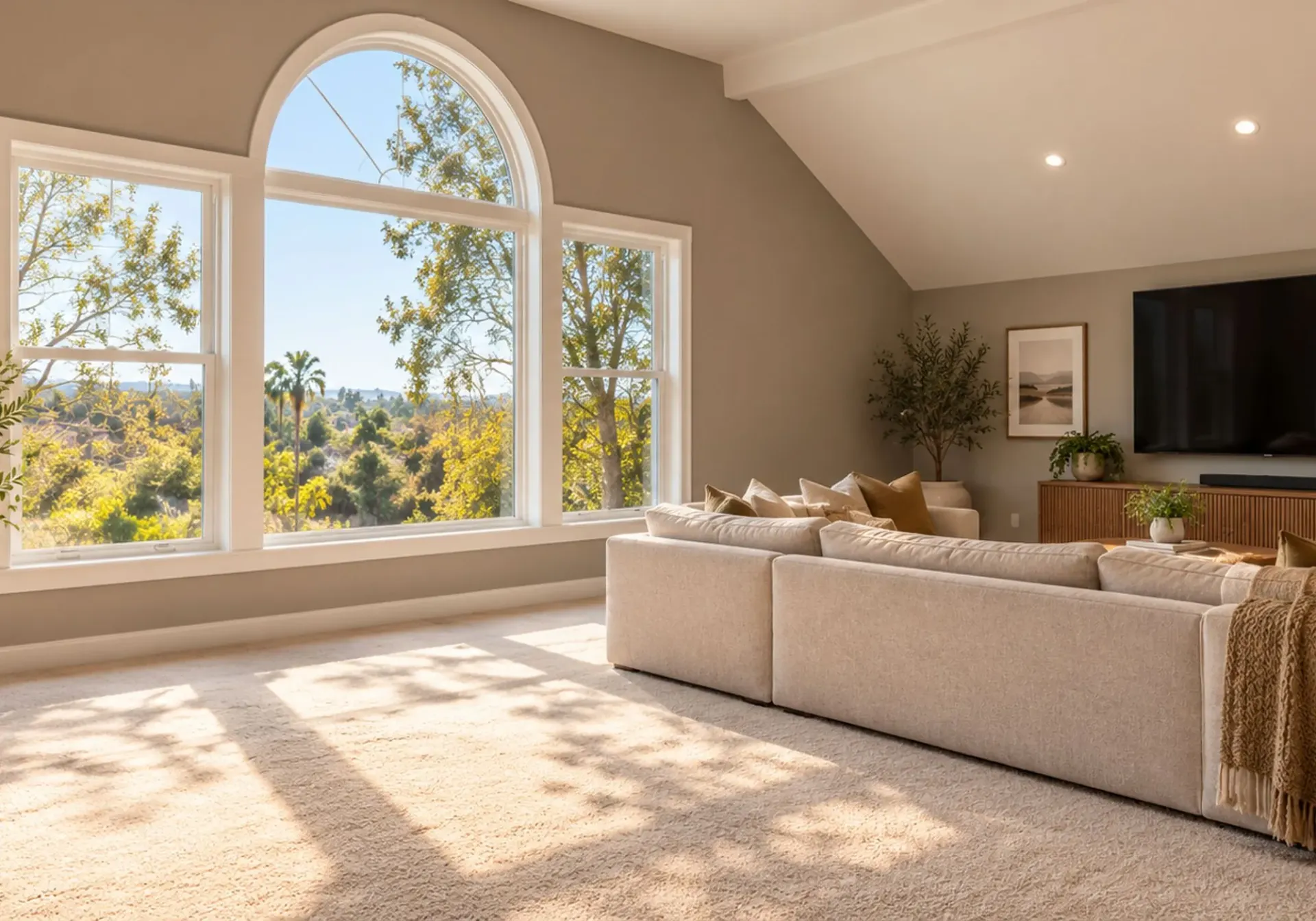 Room addition in Los Angeles, CA: bright living space with arched window, vaulted ceiling, cream sectional sofa and plush carpet