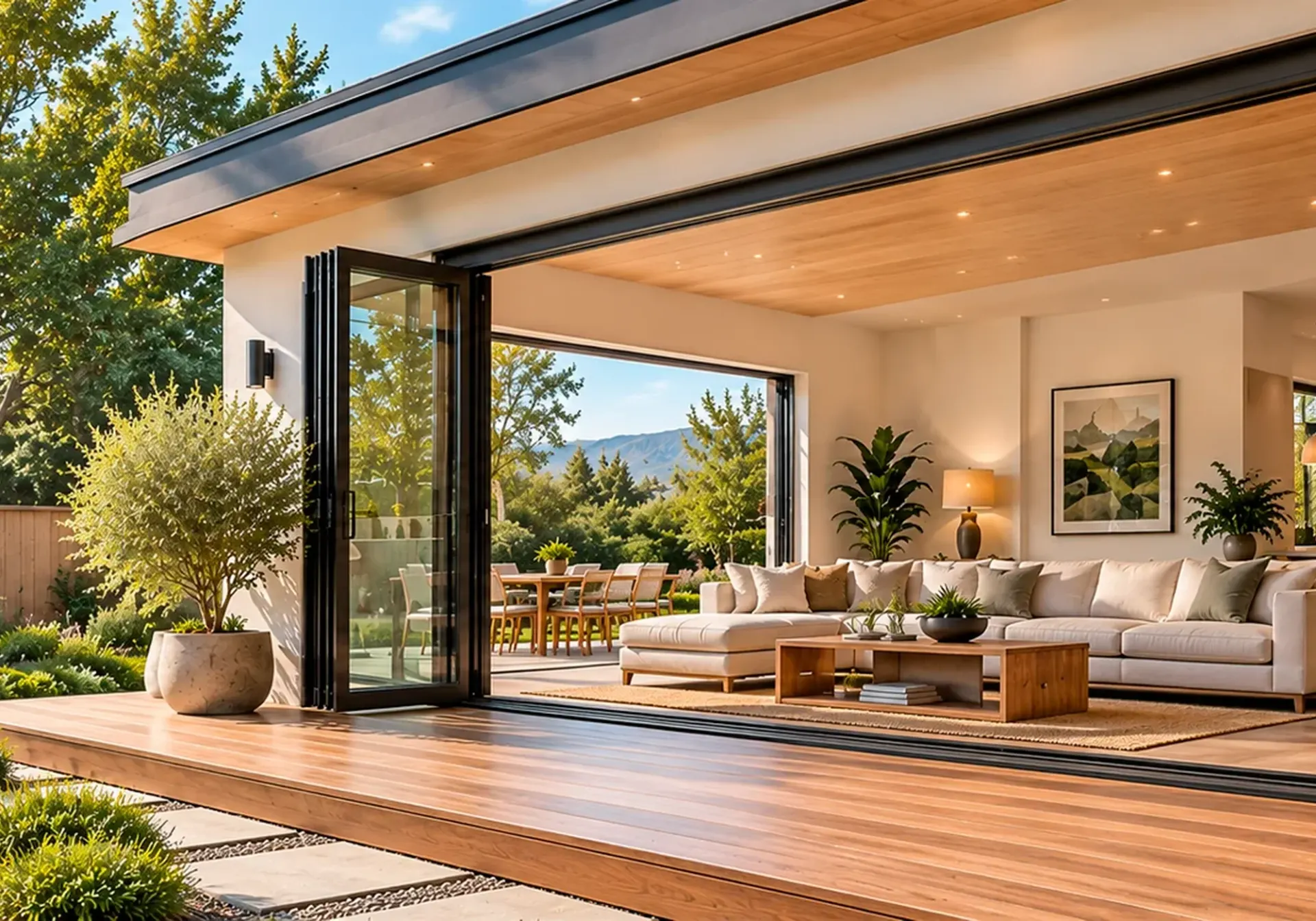 Room additions in Los Angeles, CA: indoor-outdoor living space with folding glass doors, wood ceiling and covered deck