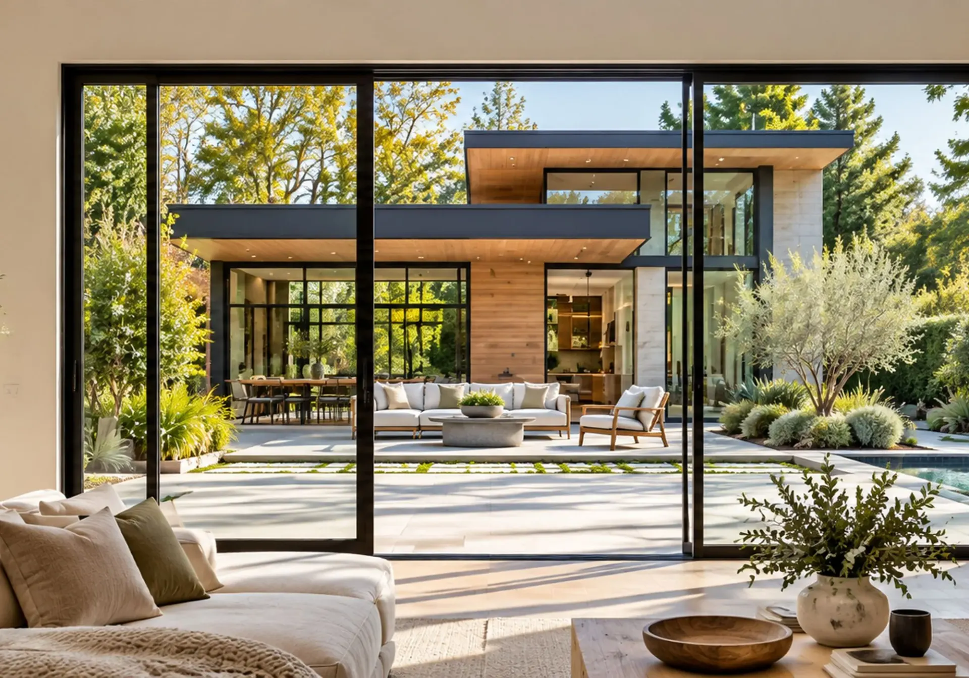 Room addition in Los Angeles, CA: living room with large sliding glass doors opening to a patio, garden and modern home with wood-clad overhangs