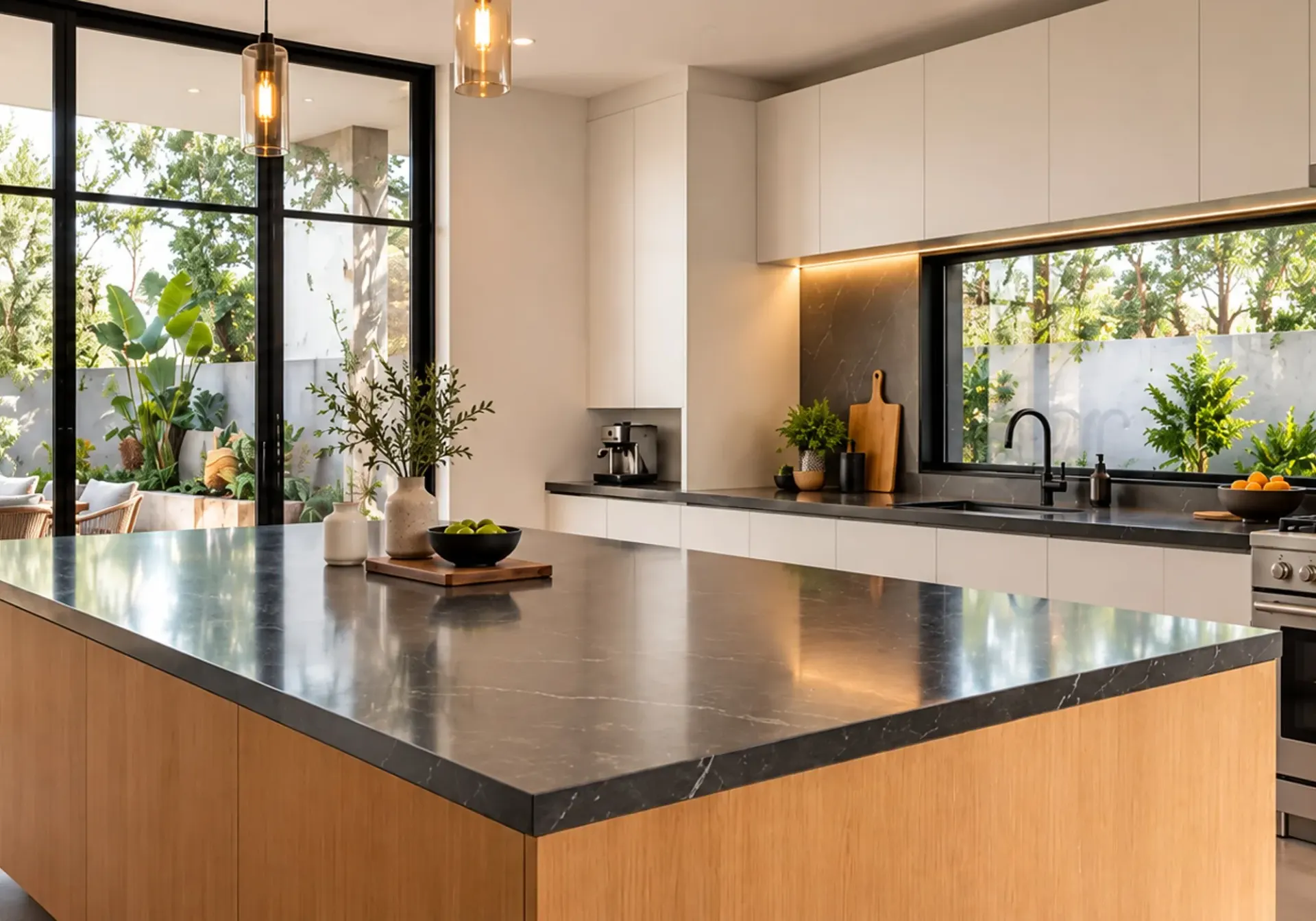 Room addition in Los Angeles, CA: open kitchen with dark stone island, oak cabinetry, black-framed glass doors to the patio and pendant lighting