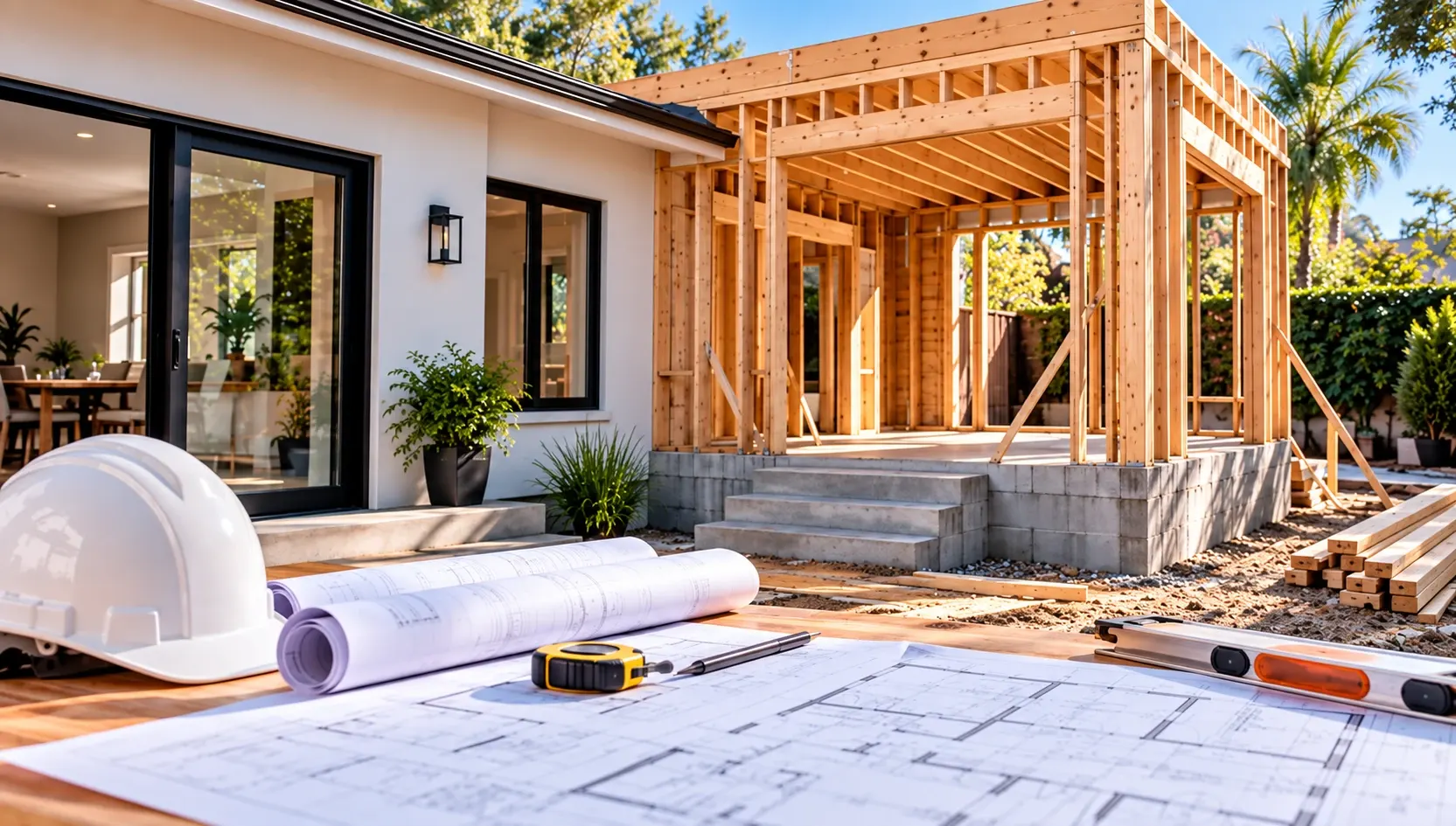 Room addition in Los Angeles, CA: wood-framed addition under construction next to the existing home, with blueprints, hard hat and measuring tape