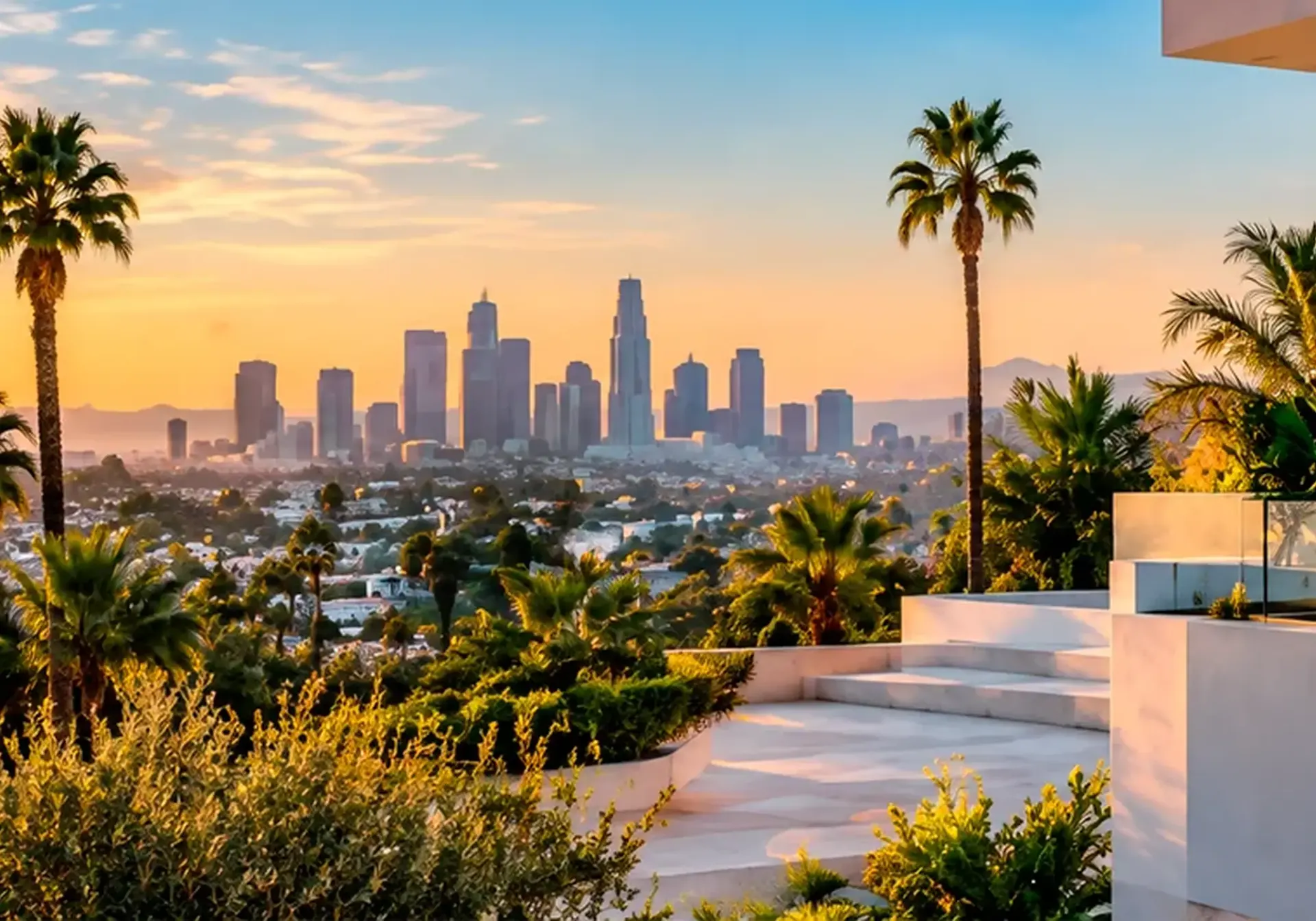 Los Angeles, CA skyline at sunset seen from a hillside terrace with palm trees: ARD Remodeling service areas
