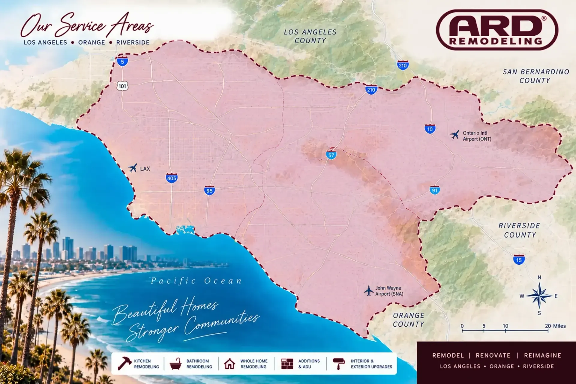 ARD Remodeling service area map covering Los Angeles, Orange County, Riverside and surrounding Southern California communities.