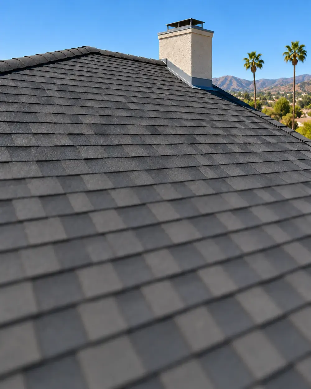 Shingle roofing in Los Angeles, CA: architectural asphalt shingle roof with a chimney and palm trees