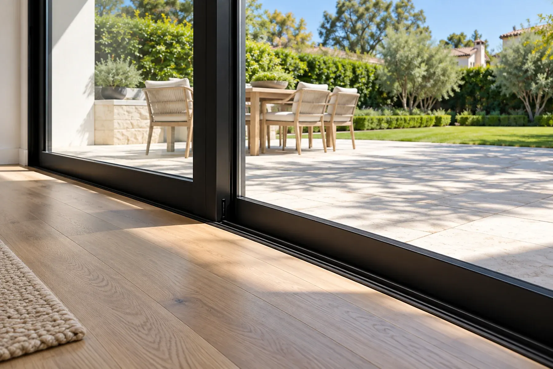 Close-up of a black sliding glass door track and threshold meeting a wood floor in an Irvine home