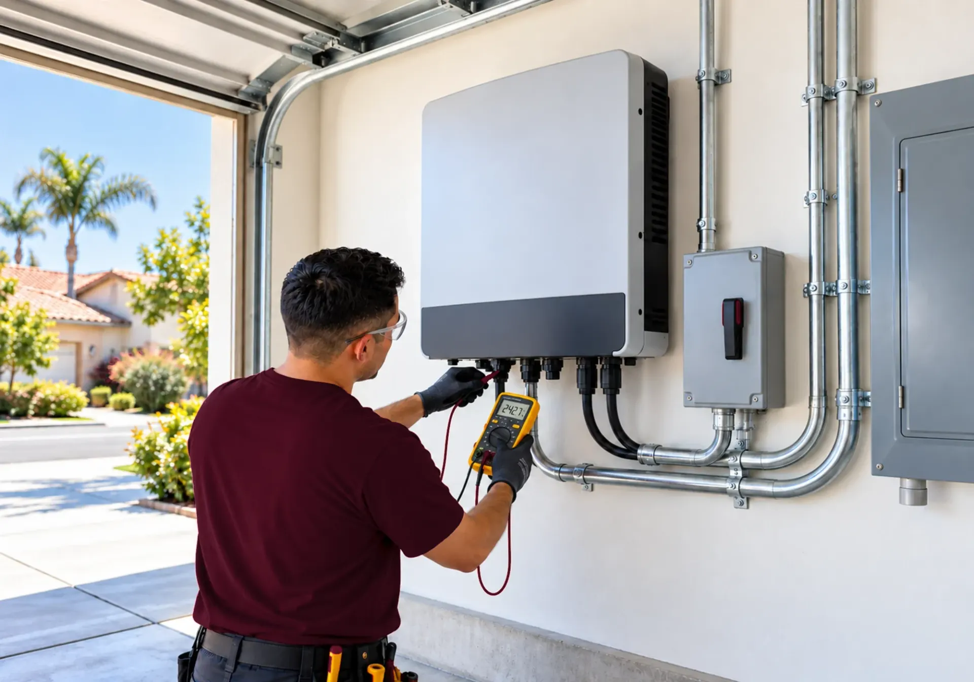 Solar inverter installation and replacement in Los Angeles, CA: electrician testing a wall-mounted solar inverter with a multimeter