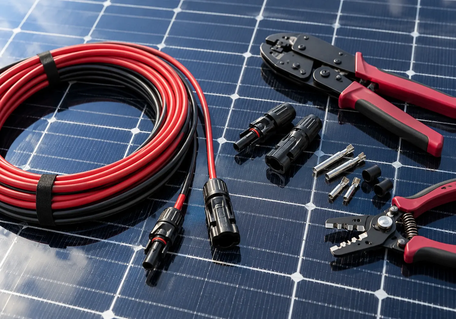 Solar inverter installation and replacement in Los Angeles, CA: coiled red and black solar cables, MC4 connectors and crimping tools on a solar panel