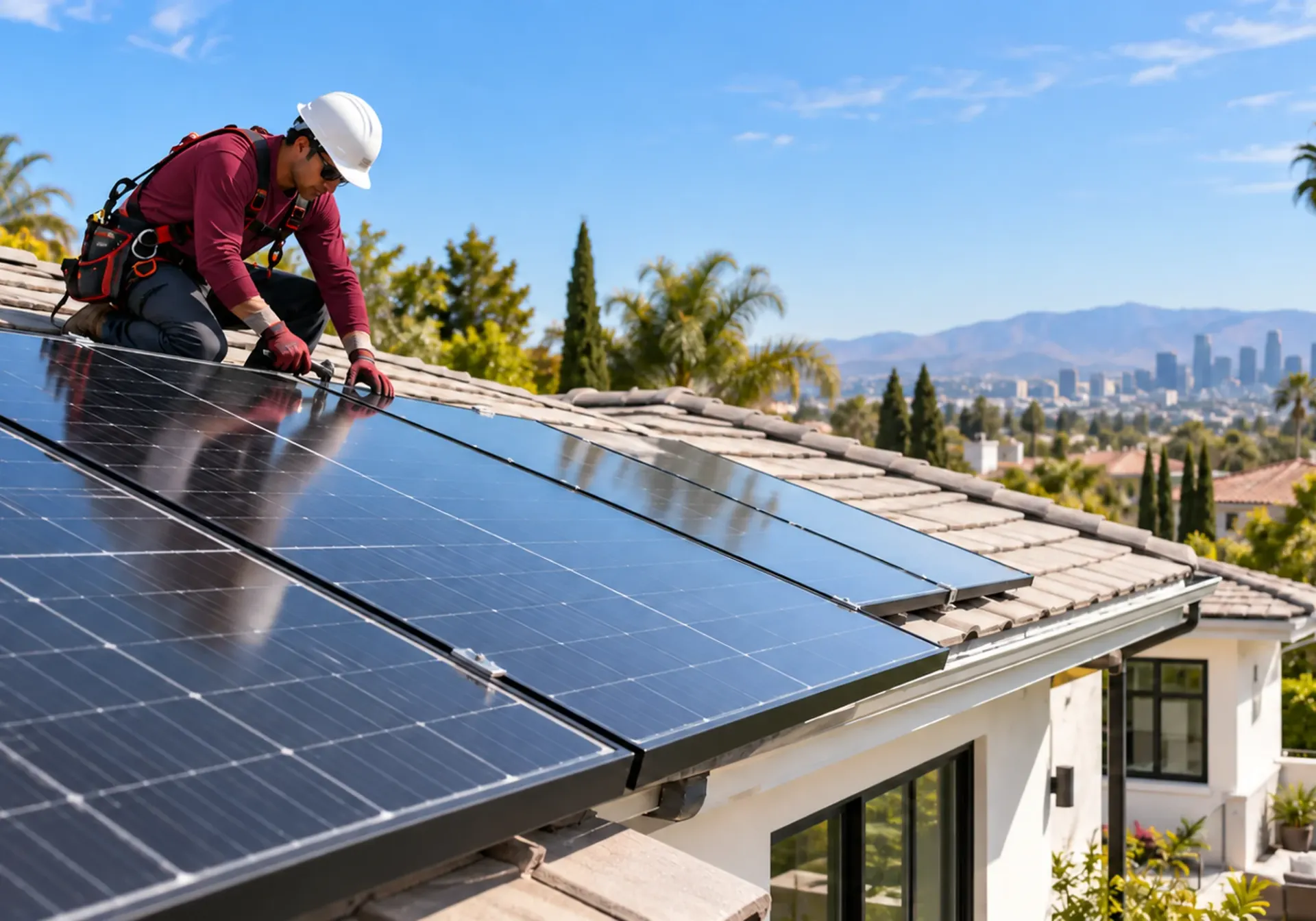 Solar panel installation in Los Angeles, CA: installer mounting rooftop solar panels on a tile roof with city and mountain views