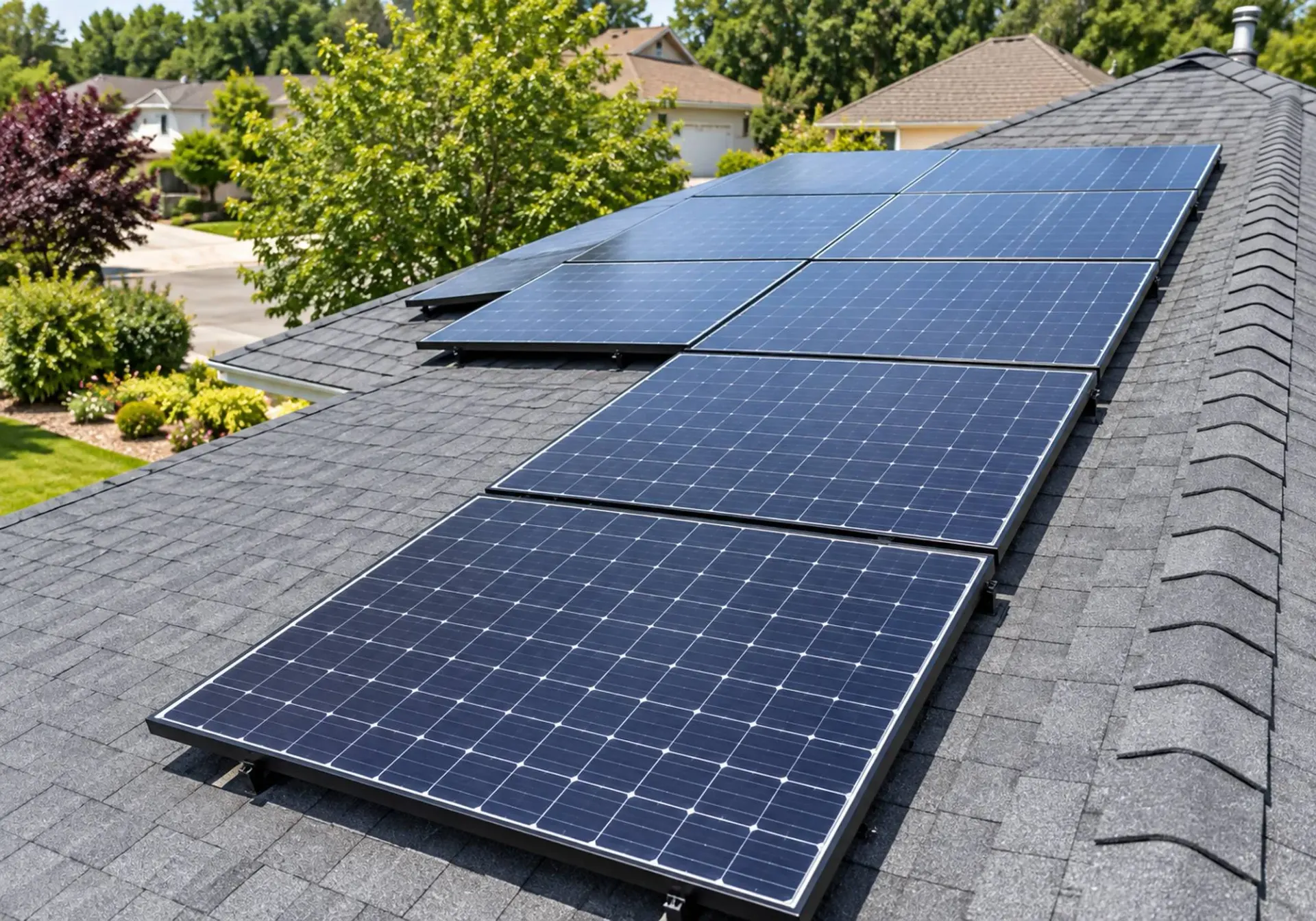 Solar panel installation in Los Angeles, CA: rows of solar panels mounted on an asphalt shingle roof in a residential neighborhood