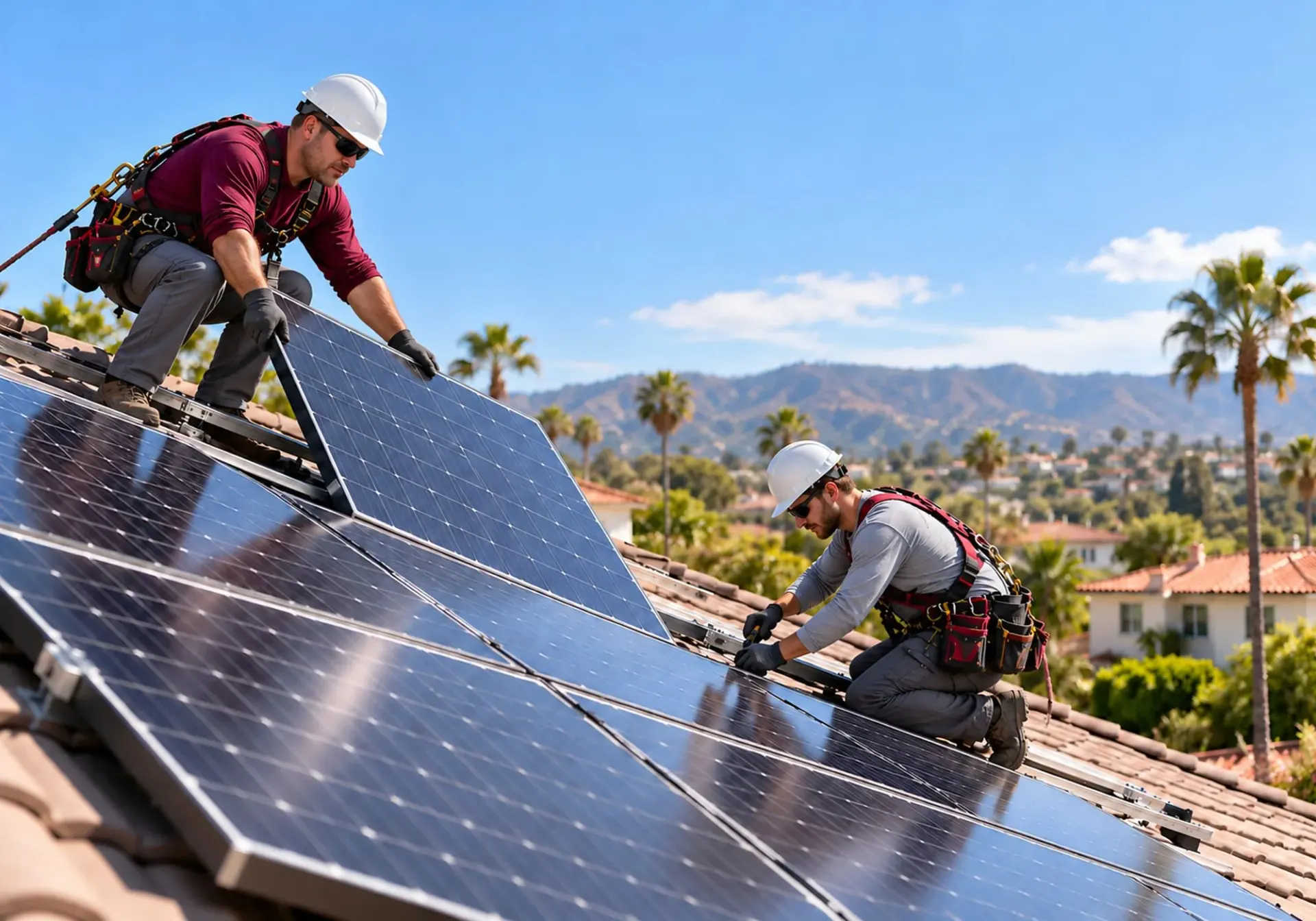 Solar panel installation in Los Angeles, CA: two installers in hard hats and safety harnesses mounting solar panels on a tile roof, with palm trees and mountains behind