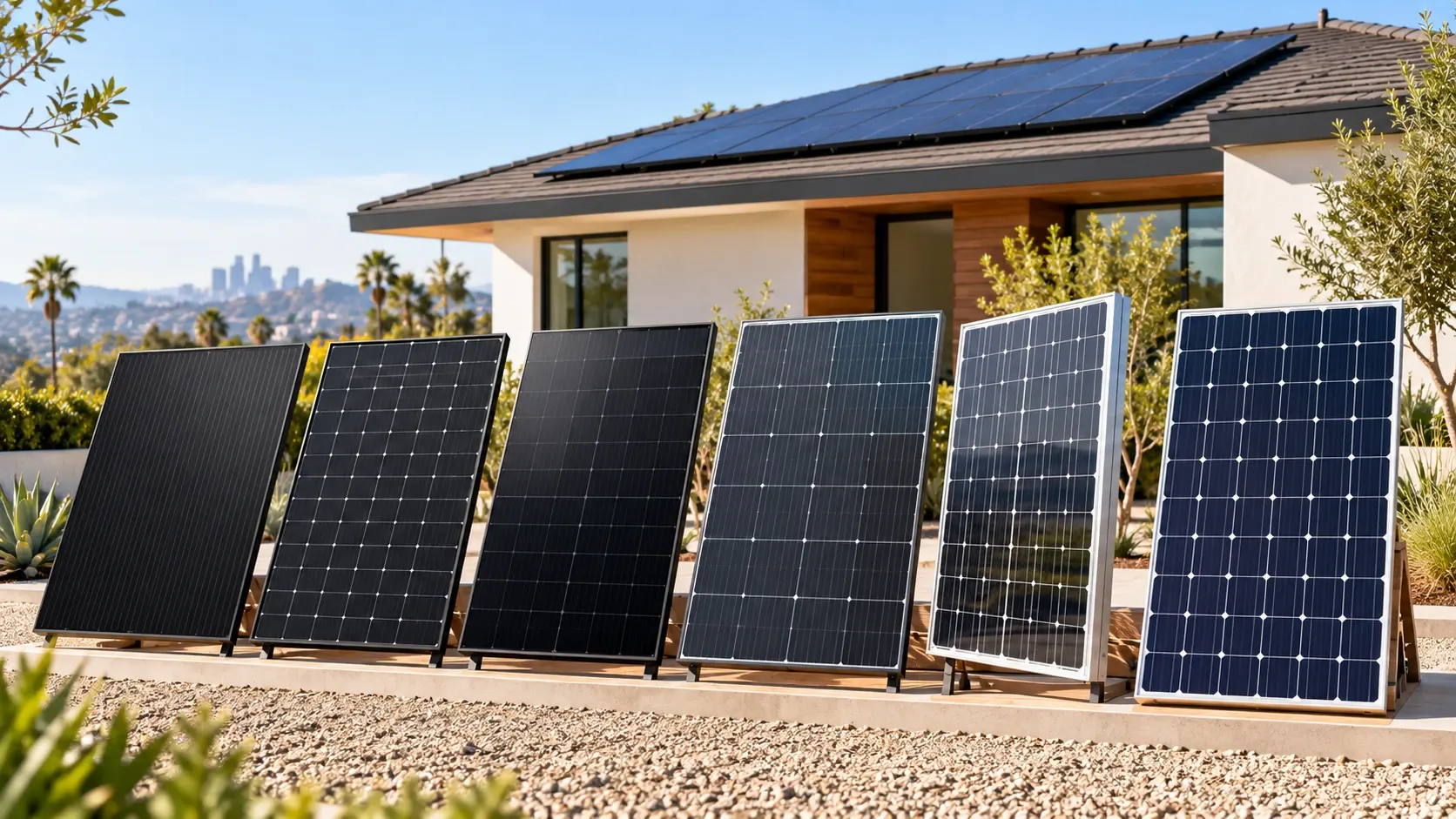 Solar panel options in Los Angeles, CA: six different solar panels side by side in front of a home with a rooftop solar system