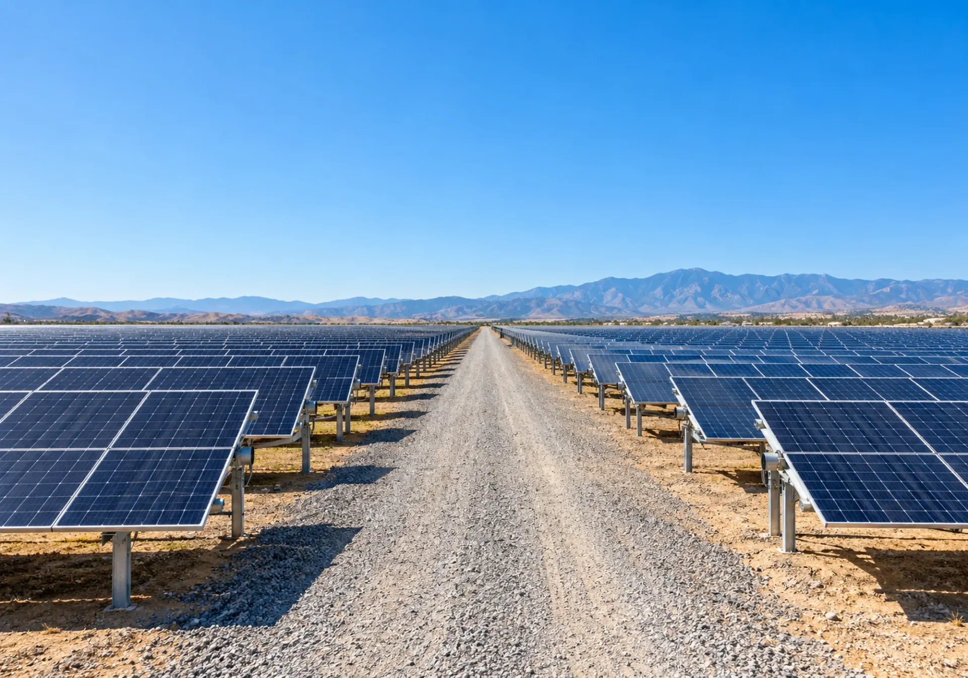 Solar power plant in Southern California: long rows of solar panels with a gravel service road between them