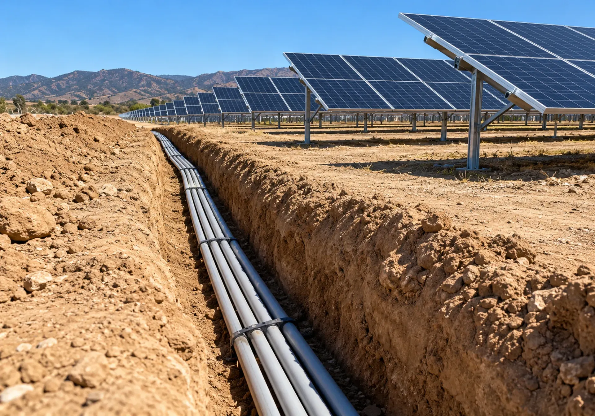 Trench with conduit laid beside a ground-mounted solar field in Southern California
