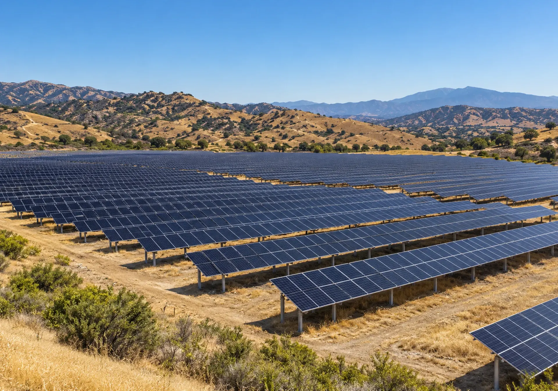 Ground-mounted solar power plant in Southern California: rows of solar panels on dry land with hills behind