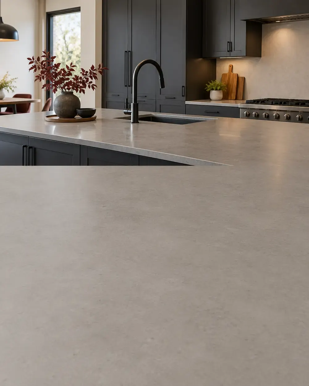 Solid and concrete-look quartz countertop in Los Angeles, CA: warm gray quartz island with dark cabinets and a black faucet