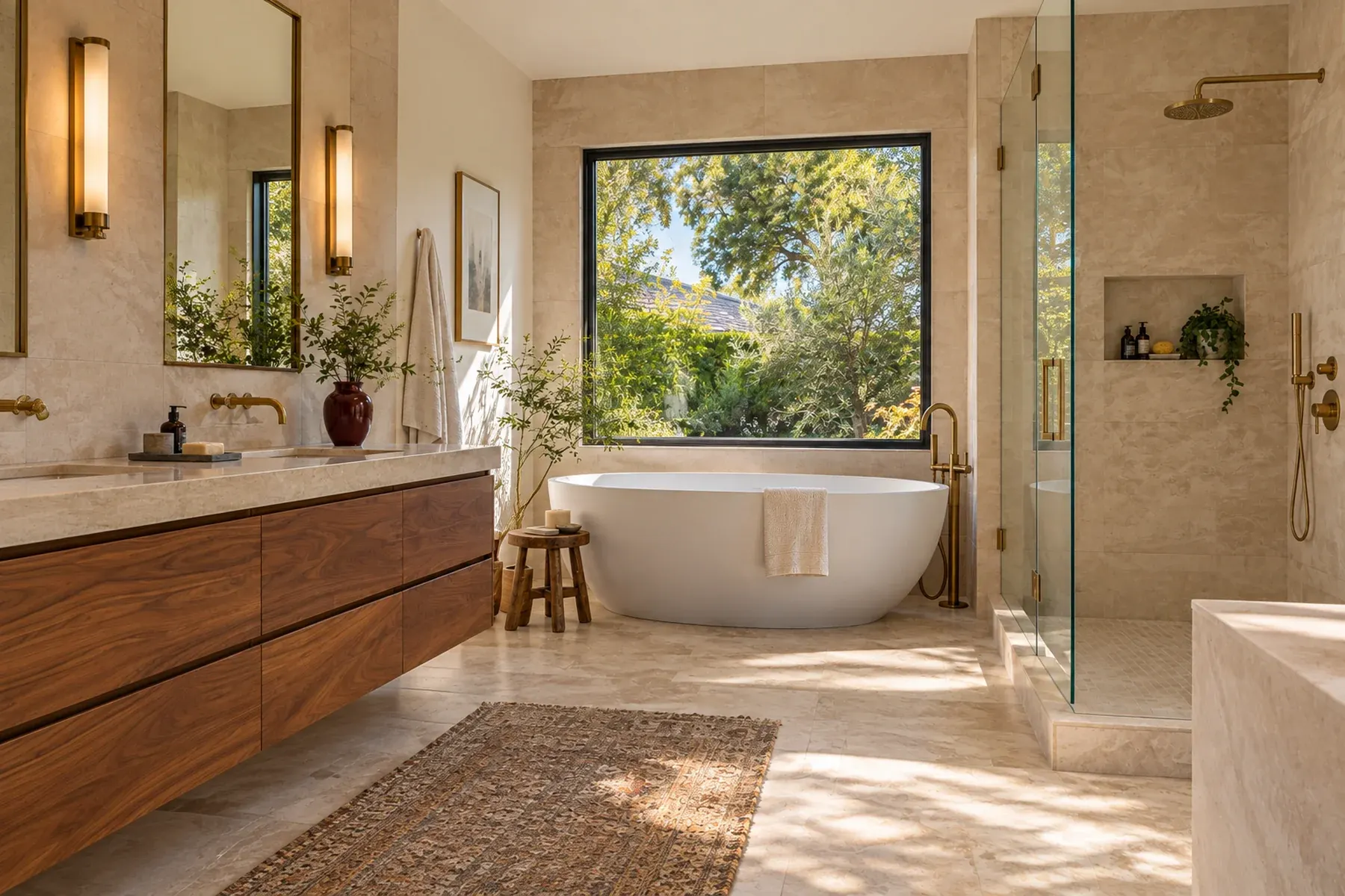 Spa-style bathroom remodel in Pasadena, CA with a freestanding tub, frameless glass shower, stone tile and floating walnut vanity