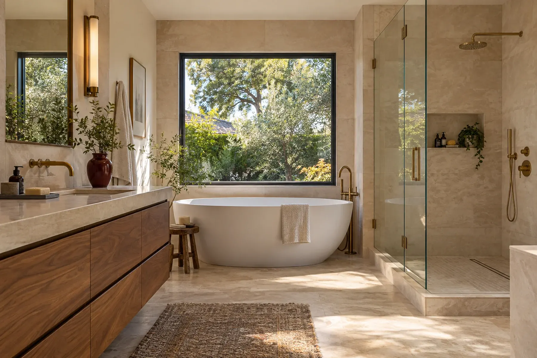 Pasadena bathroom remodel with stone tile walls, frameless glass shower with niche and brushed brass fixtures
