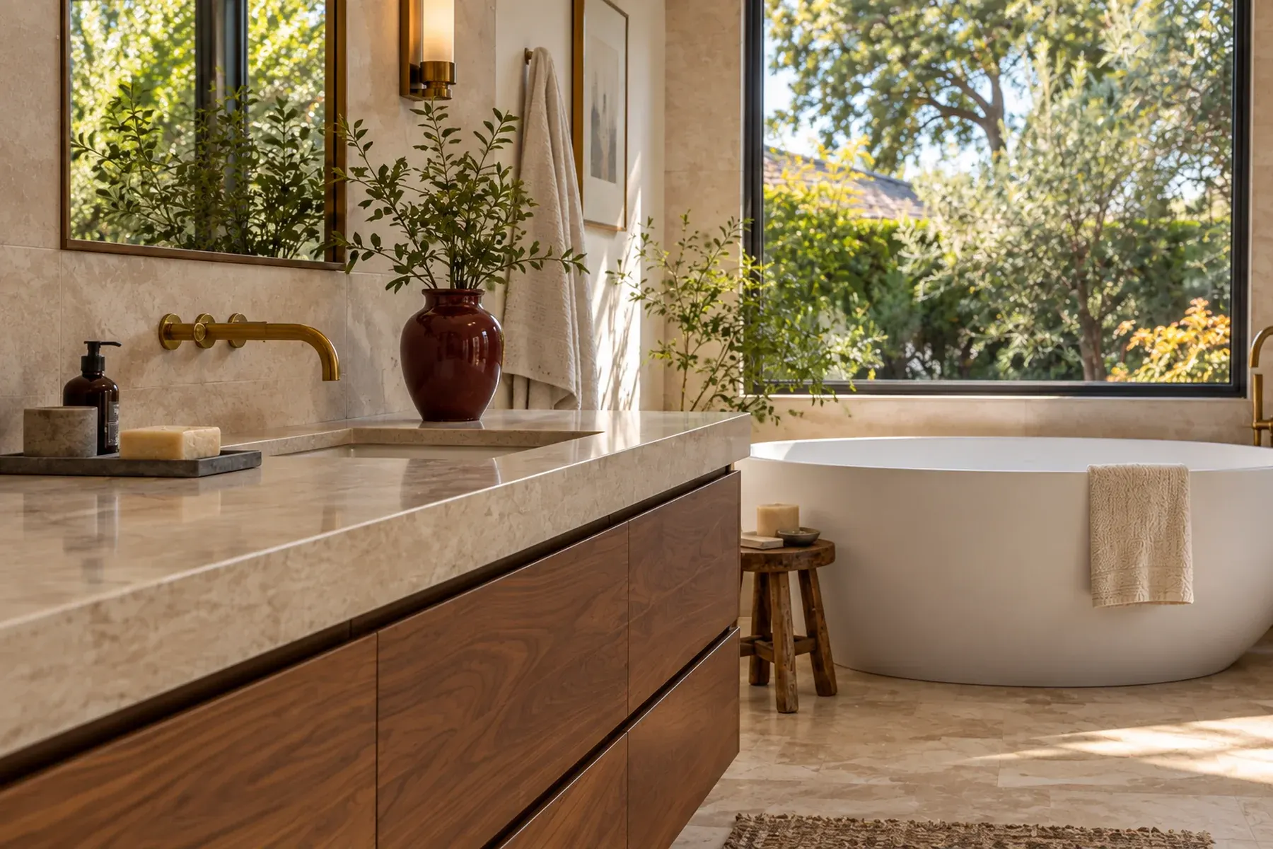 Floating walnut vanity with a stone countertop, undermount sink and wall-mounted brass faucet in a Pasadena bathroom remodel
