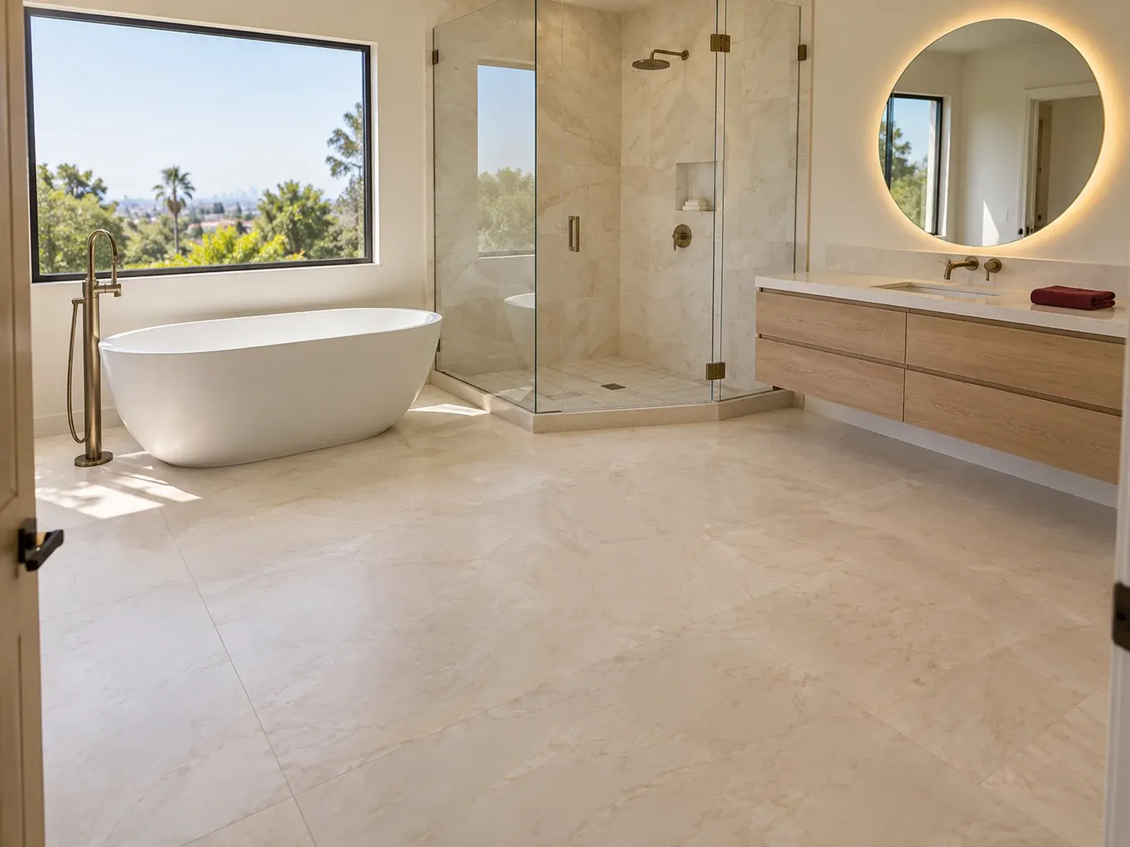 Bathroom remodeling in Los Angeles: glass walk-in shower with cream marble tile and a freestanding tub