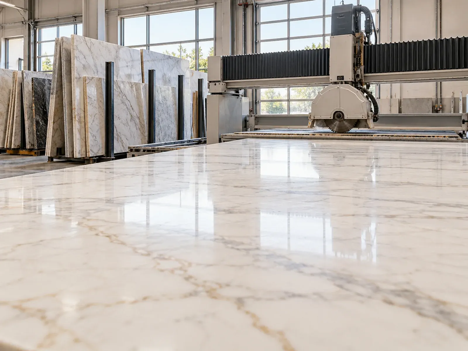 Countertop fabrication in Los Angeles: marble slab on a cutting table in a stone workshop