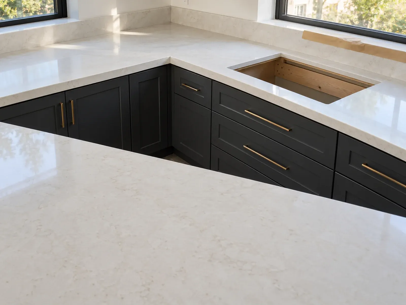 Countertop installation in Los Angeles: freshly installed L-shaped quartz countertop with cooktop cutout