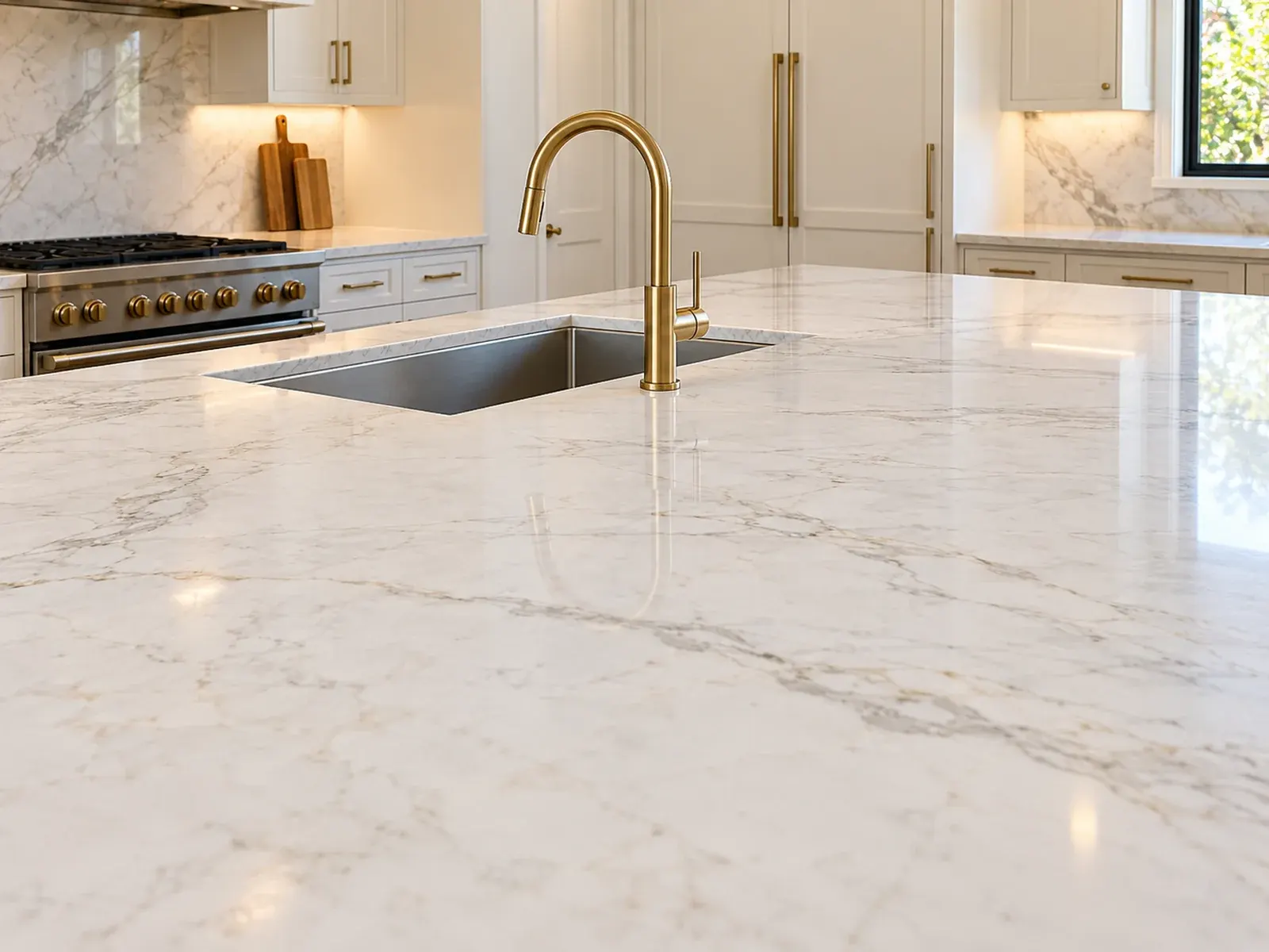 Countertops in Los Angeles: white marble island with undermount sink and brass faucet
