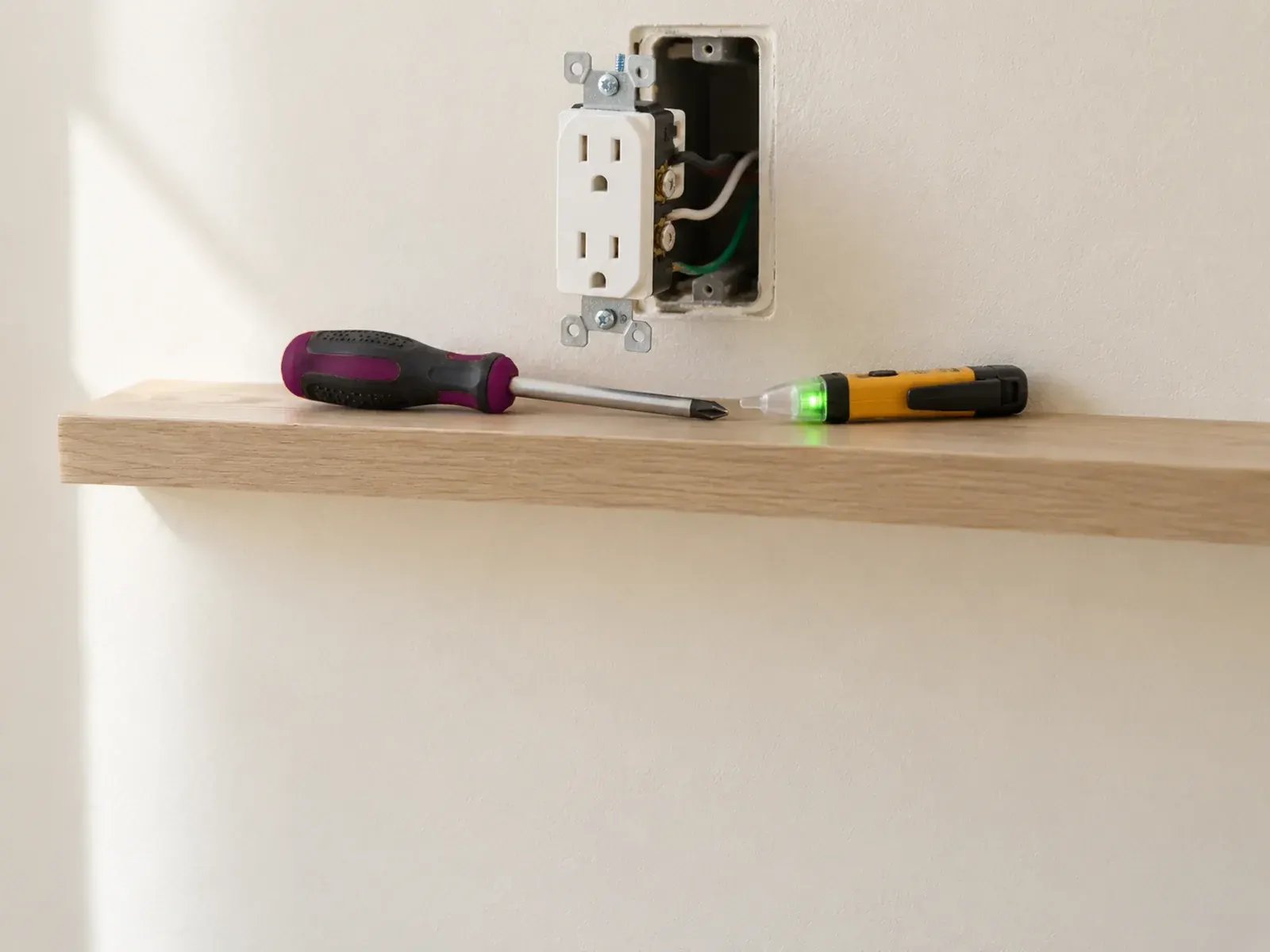 Electrical repair in Los Angeles: open wall outlet with an insulated screwdriver and voltage tester