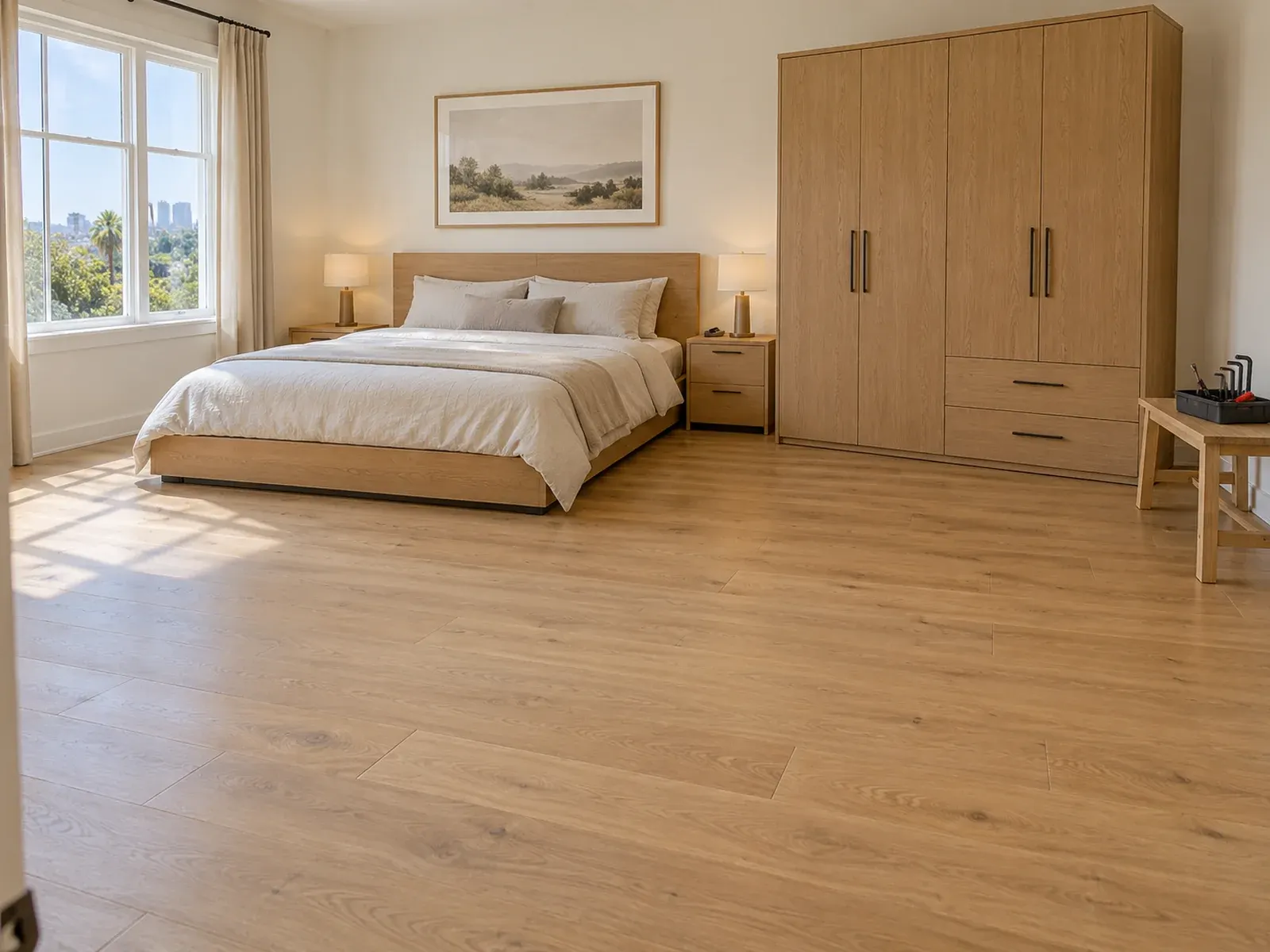 Furniture assembly in Los Angeles: freshly assembled oak wardrobe and bed in a bright bedroom