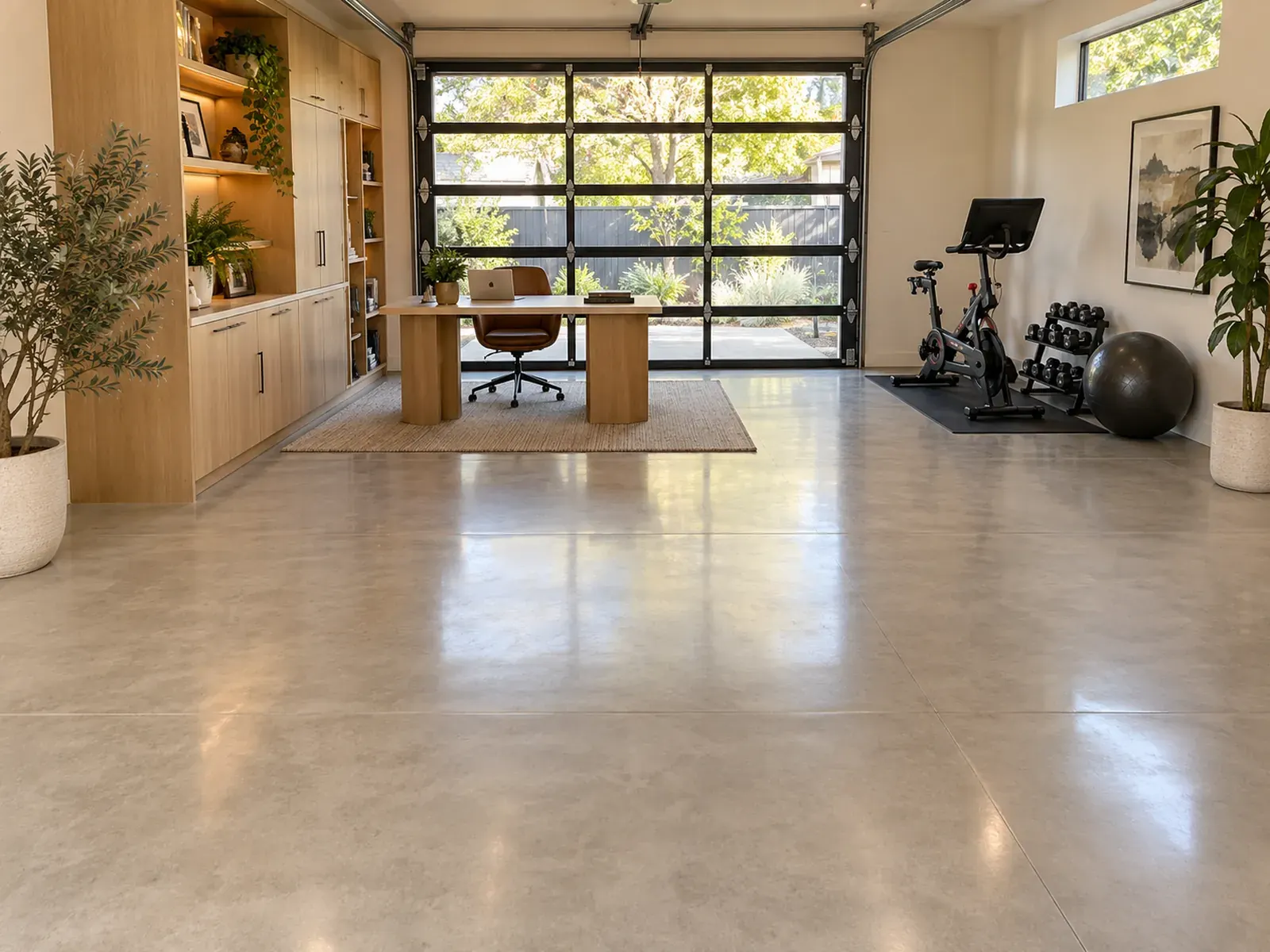 Garage conversion in Los Angeles: bright home office and gym with a glass roll-up door