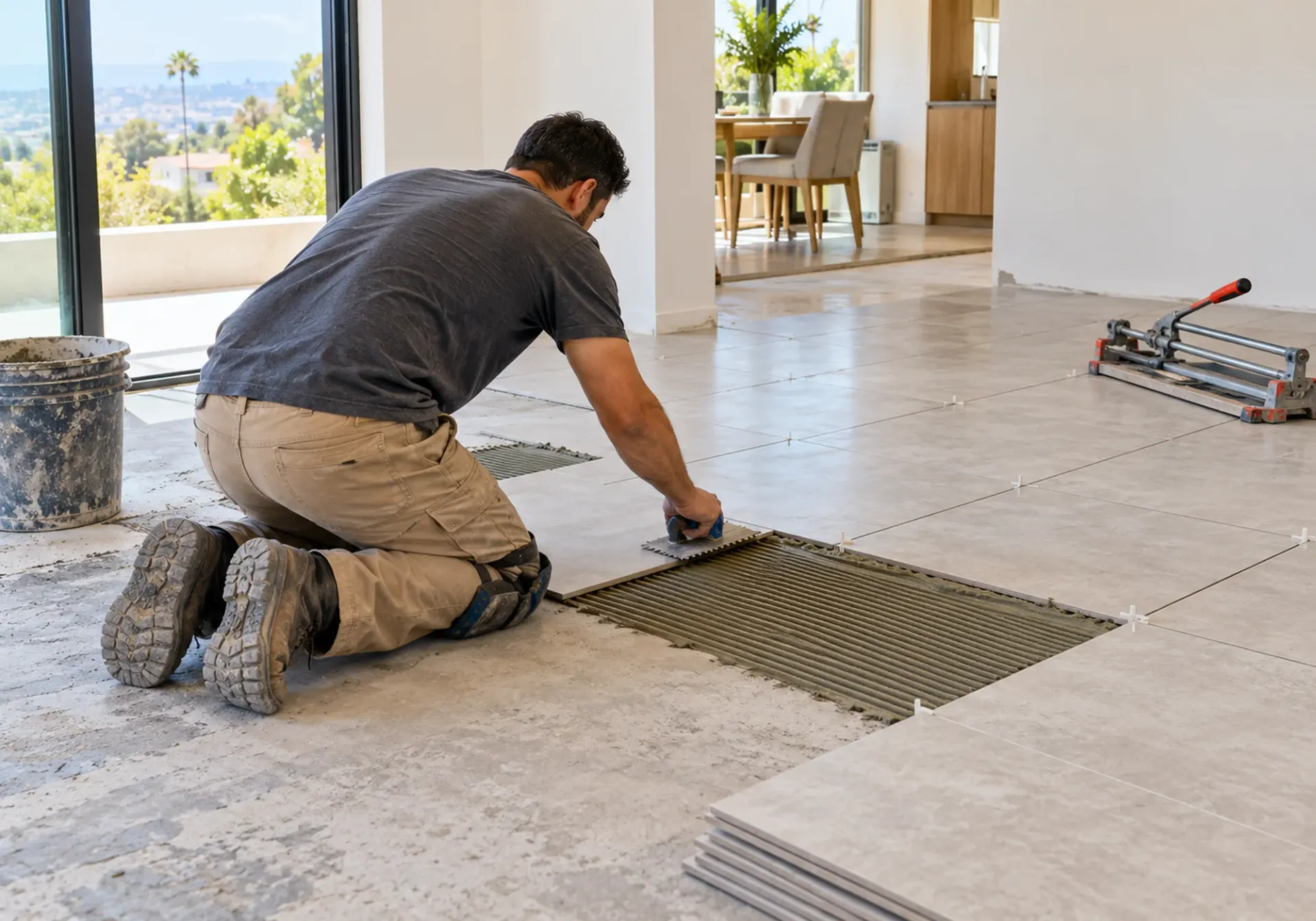 Tile installation in Los Angeles, CA: installer setting a large floor tile with a notched trowel and straight rows