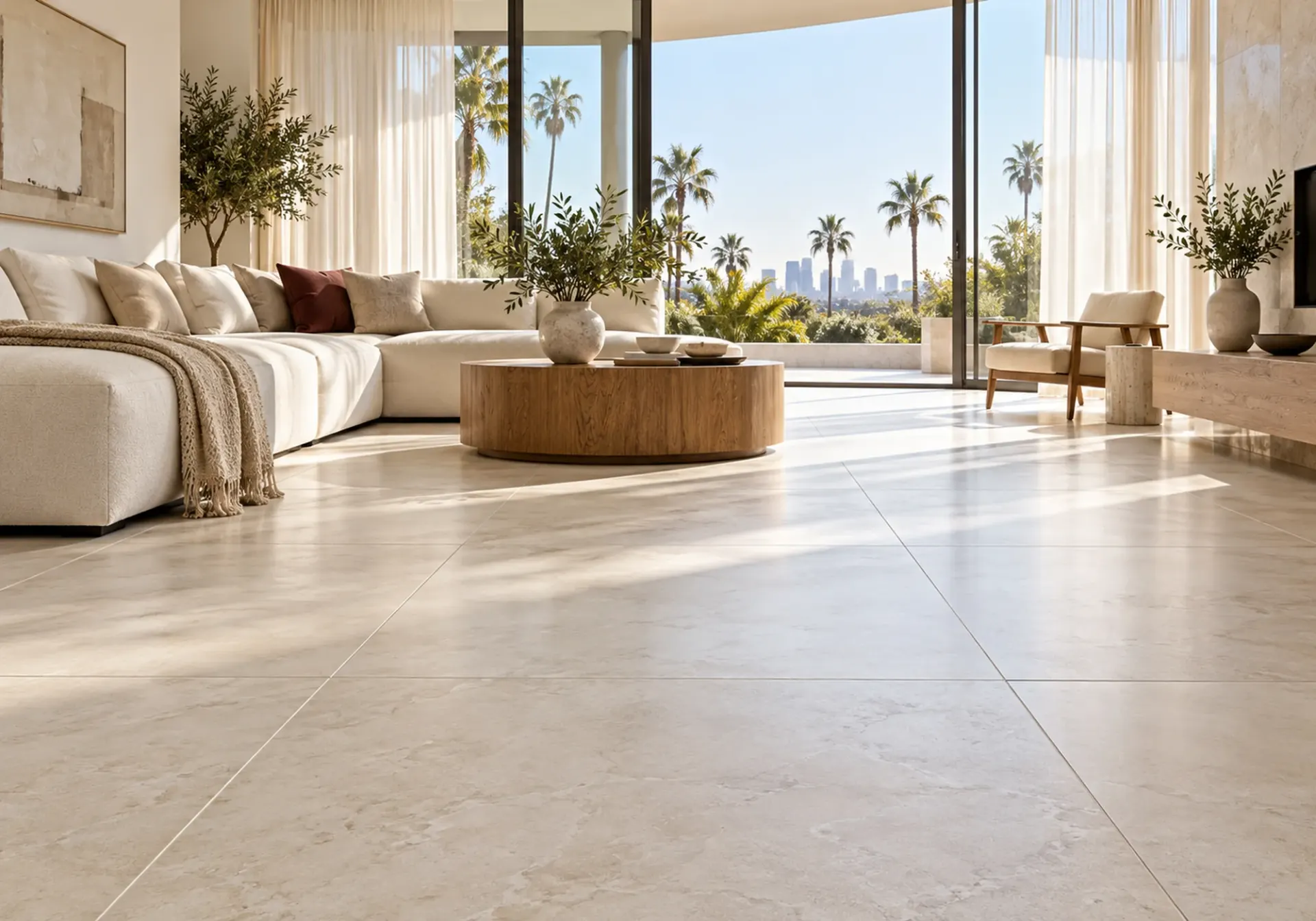 Tile installation in Los Angeles, CA: large-format stone-look tile floor in a bright living room with palm tree views