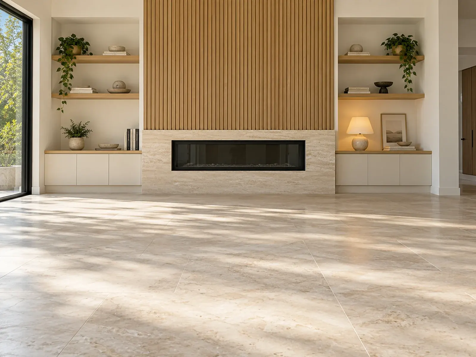 Interior remodeling in Los Angeles: living room with an oak slat accent wall and built-in shelving