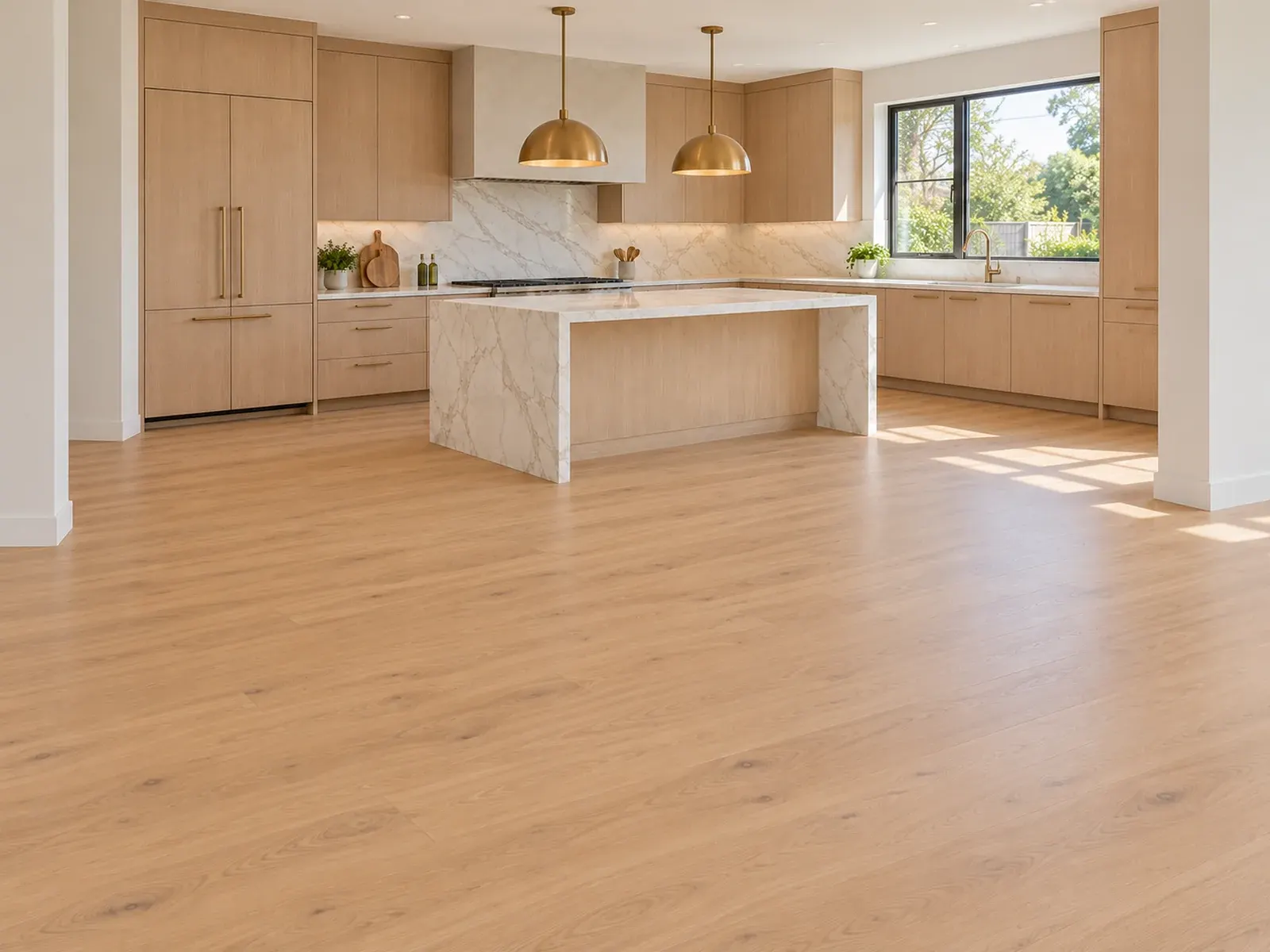 Kitchen remodeling in Los Angeles: light oak cabinets, white marble waterfall island and brass pendant lights