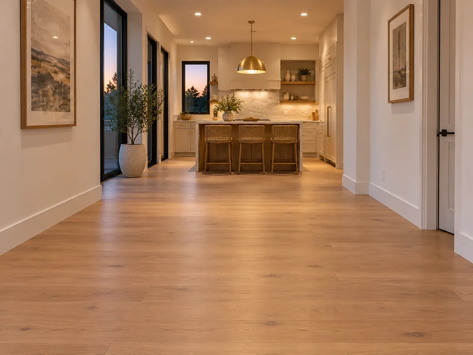 Lighting installation in Los Angeles: recessed LED lights and a brass pendant glowing at dusk