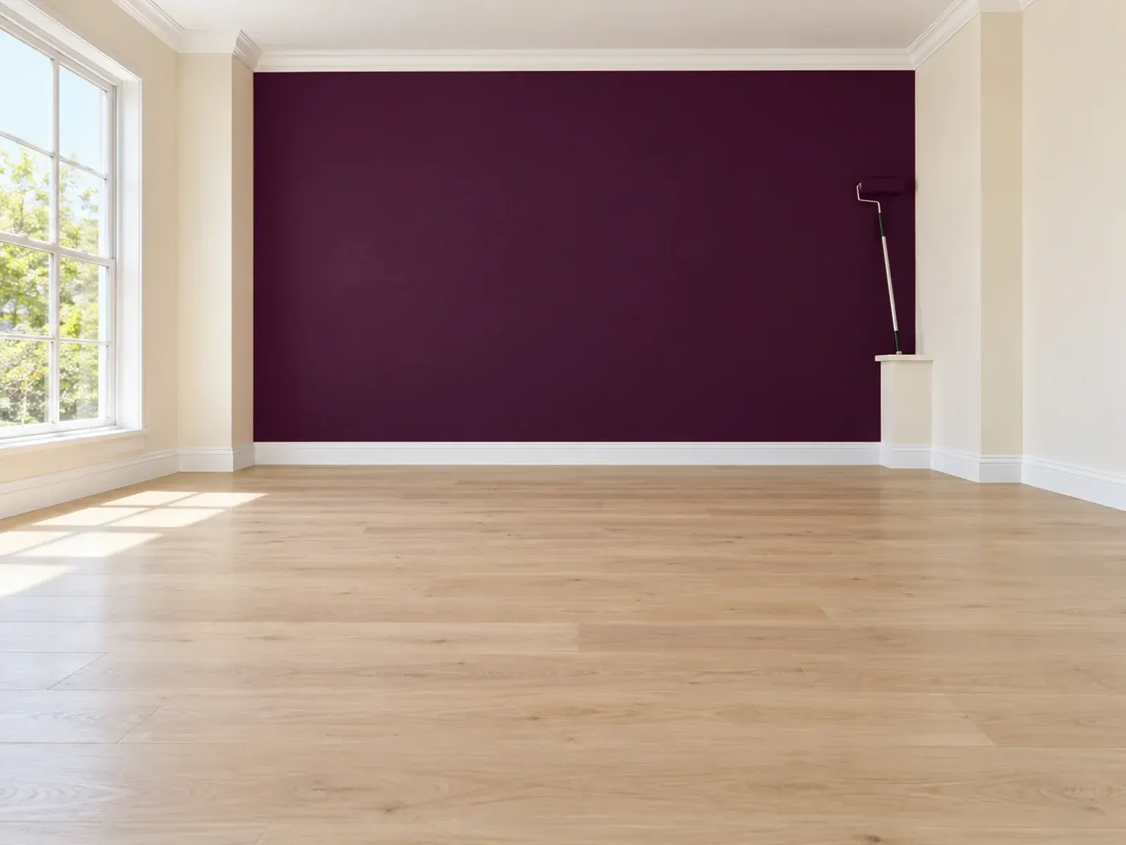 Painting services in Los Angeles: freshly painted burgundy accent wall with white molding