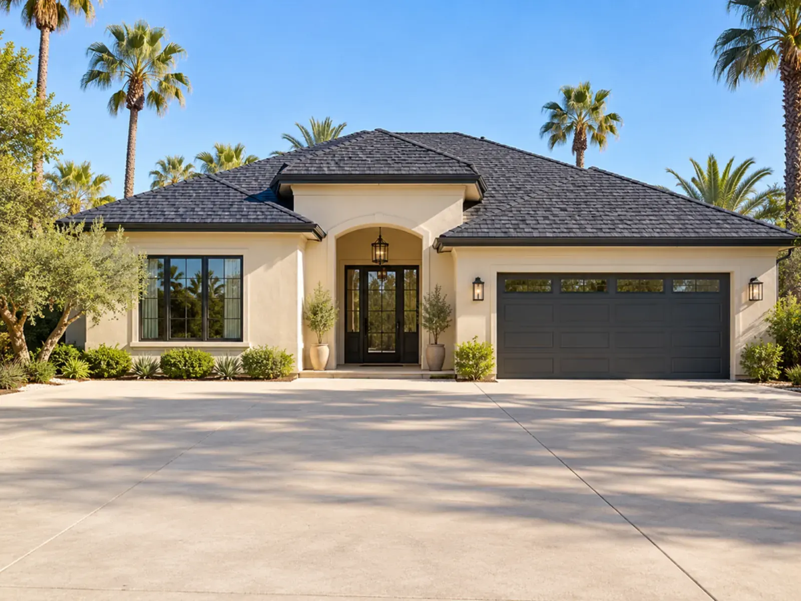 Roofing in Los Angeles: new asphalt-shingle roof on a stucco home with palm trees