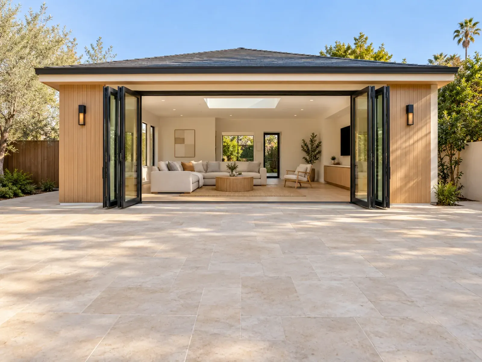 Room addition in Los Angeles: new bonus room with bifold glass doors opening to a patio