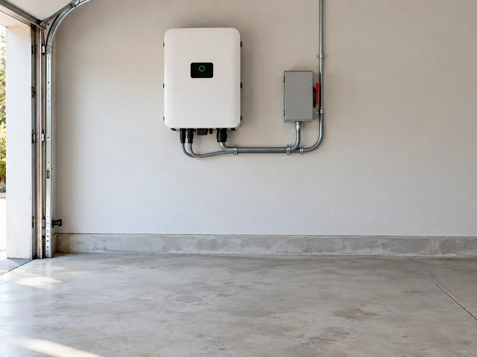 Solar inverter installation in Los Angeles: wall-mounted inverter with display and tidy conduit