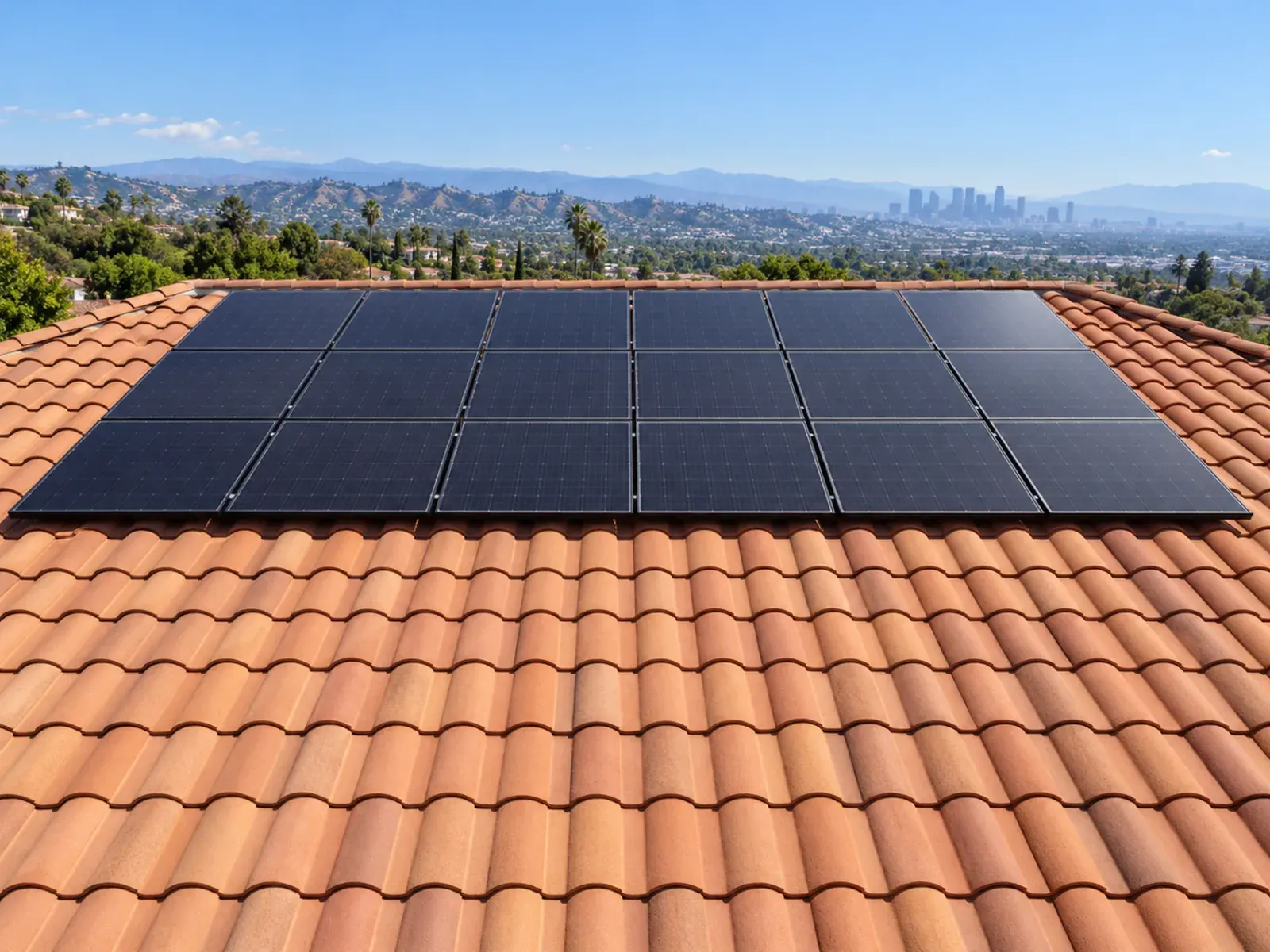 Solar panel installation in Los Angeles: rooftop solar array on a clay-tile roof