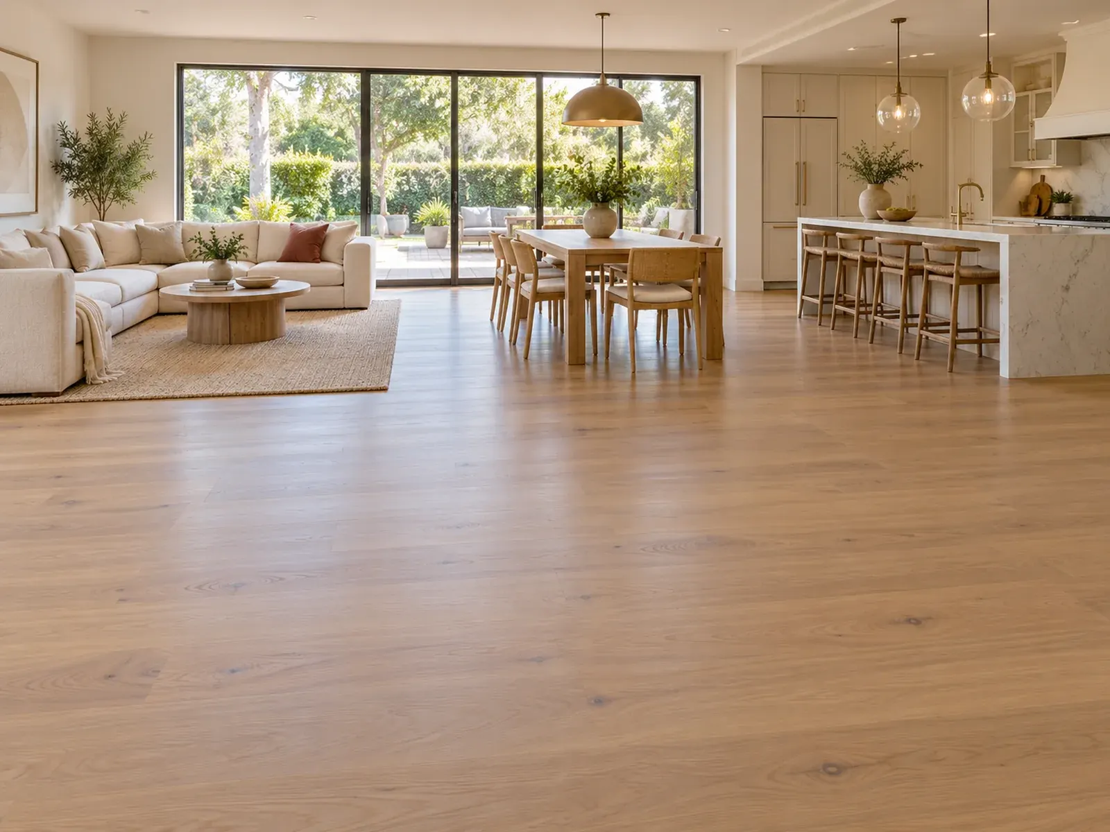 Whole home renovation in Los Angeles: open-plan living, dining and kitchen with oak floors