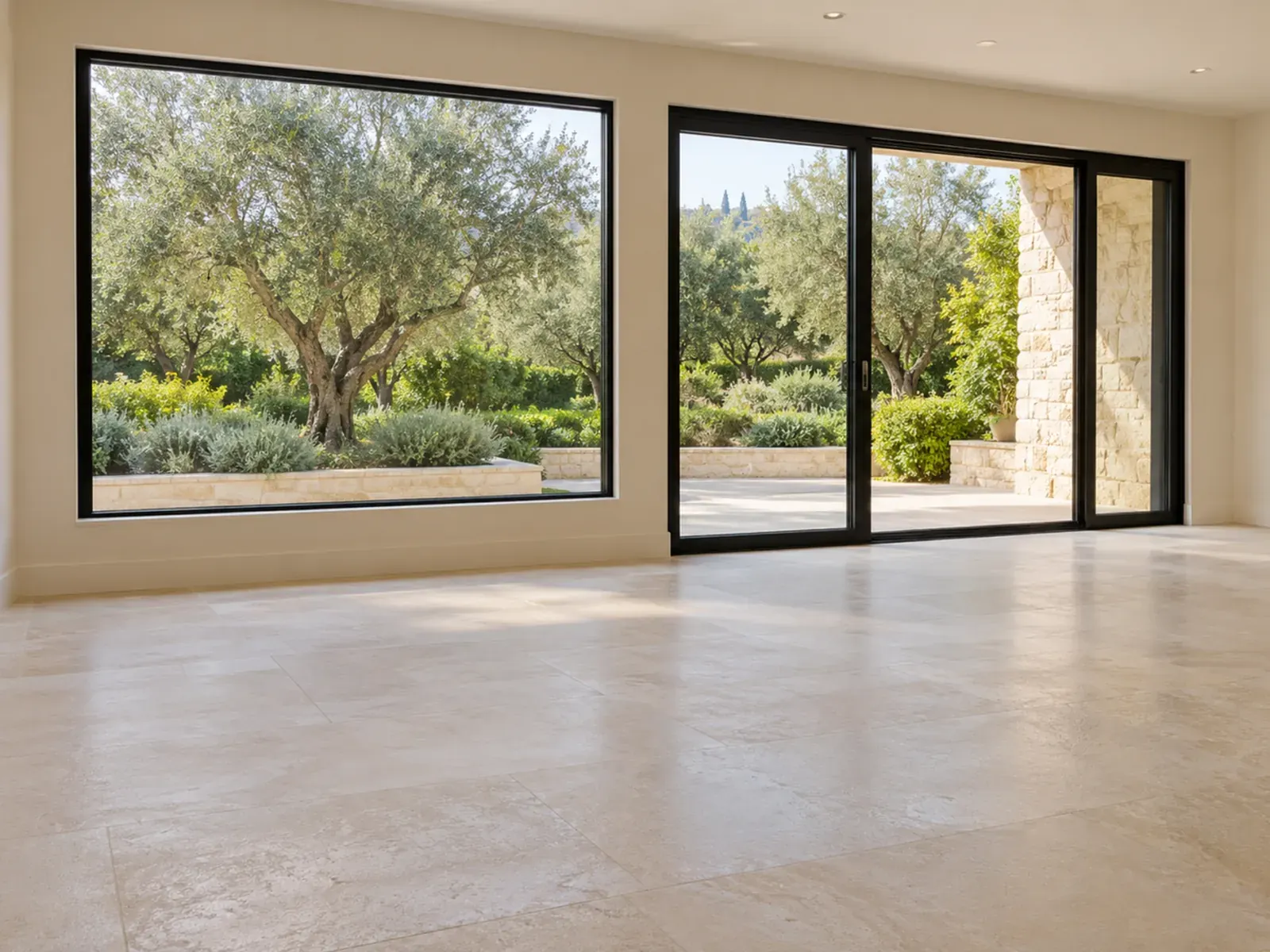 Window and door installation in Los Angeles: black-framed picture window and sliding glass door